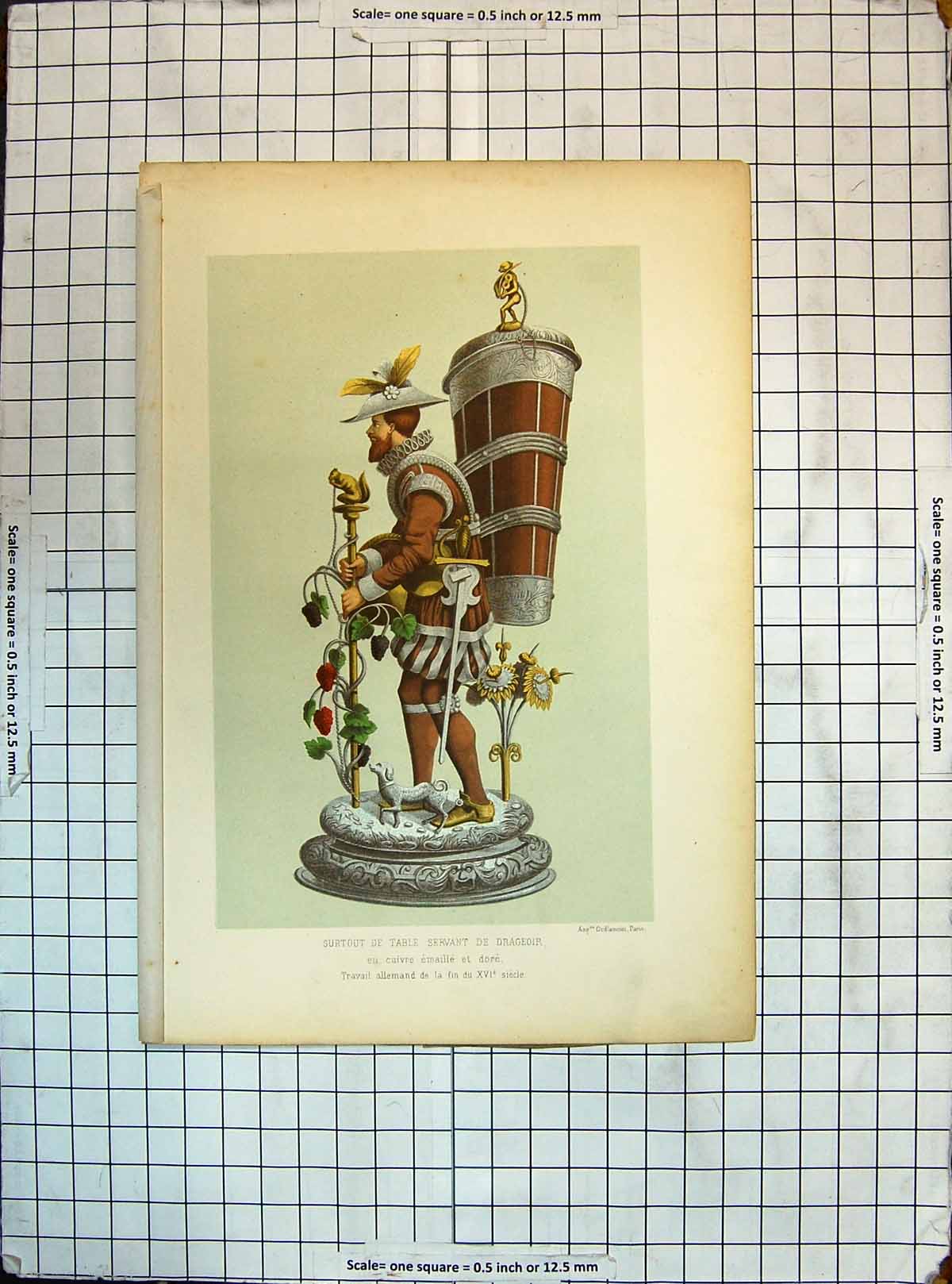Antique Old Print Colour Surtout Table Servant Drageoir Man Carrying Bucket