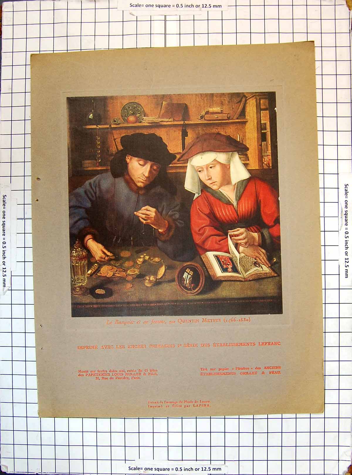 Original Old Antique Print Man Counting Money Woman Reading Book Quentin Metsys