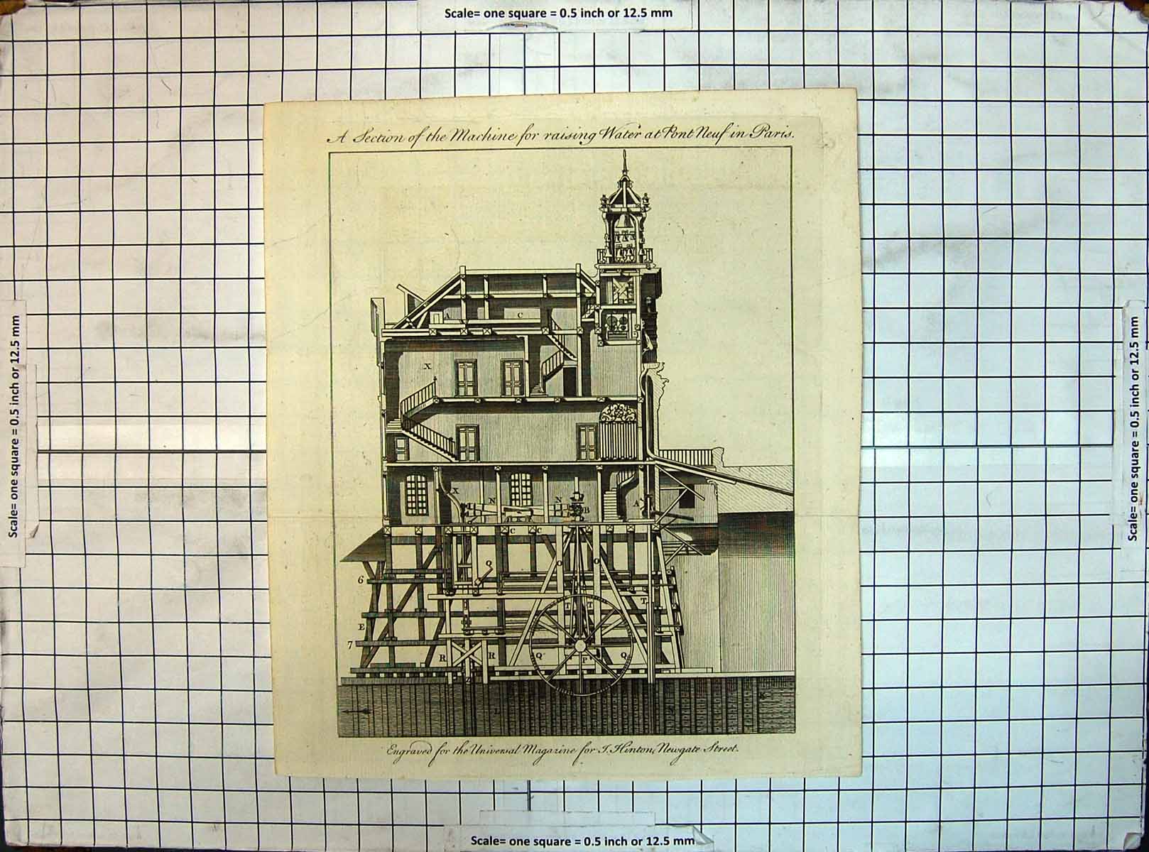 Antique Old Print Engraving Machine Raising Water Pont Neuf Paris Machinery