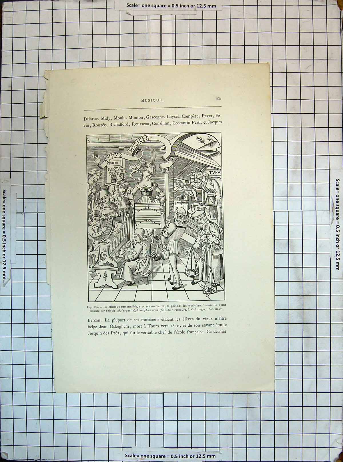 Original Old Antique Print Musique Personnifiee Auxiliaries Richafford Rousseau