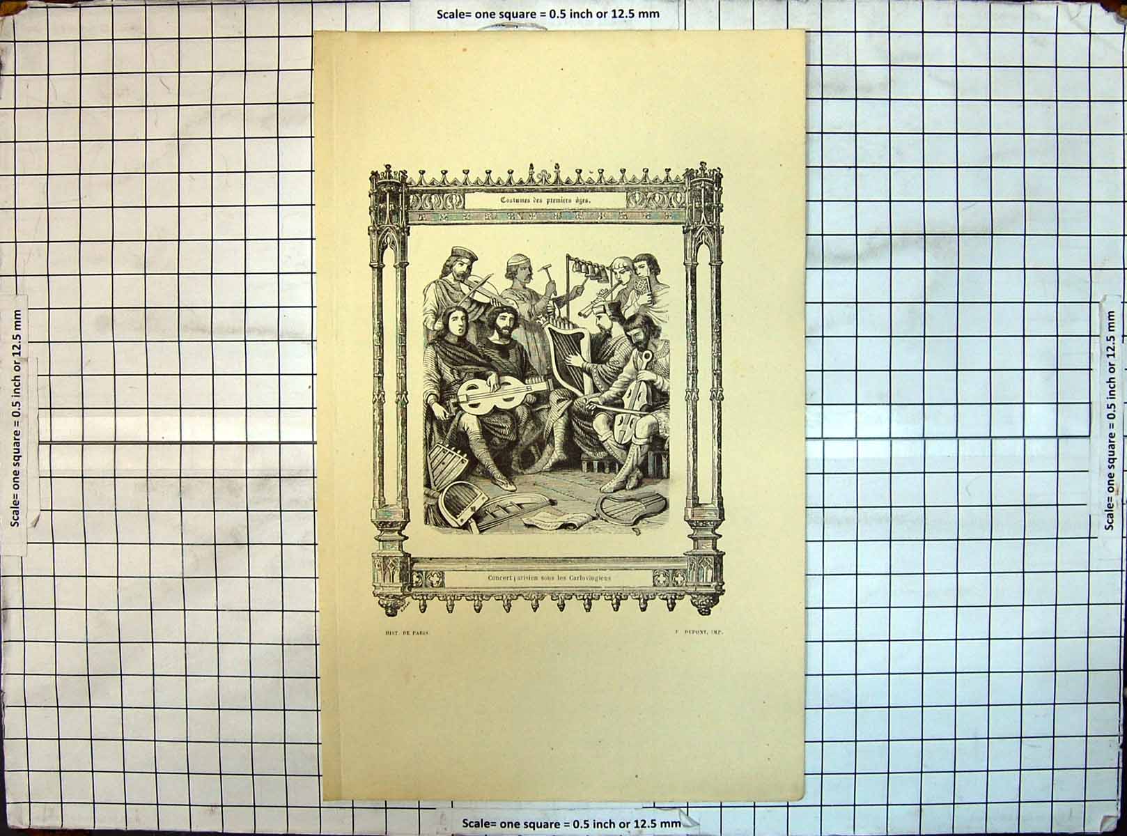 Original Old Antique Print People Music Concert Arisien Sous Carlovingiens