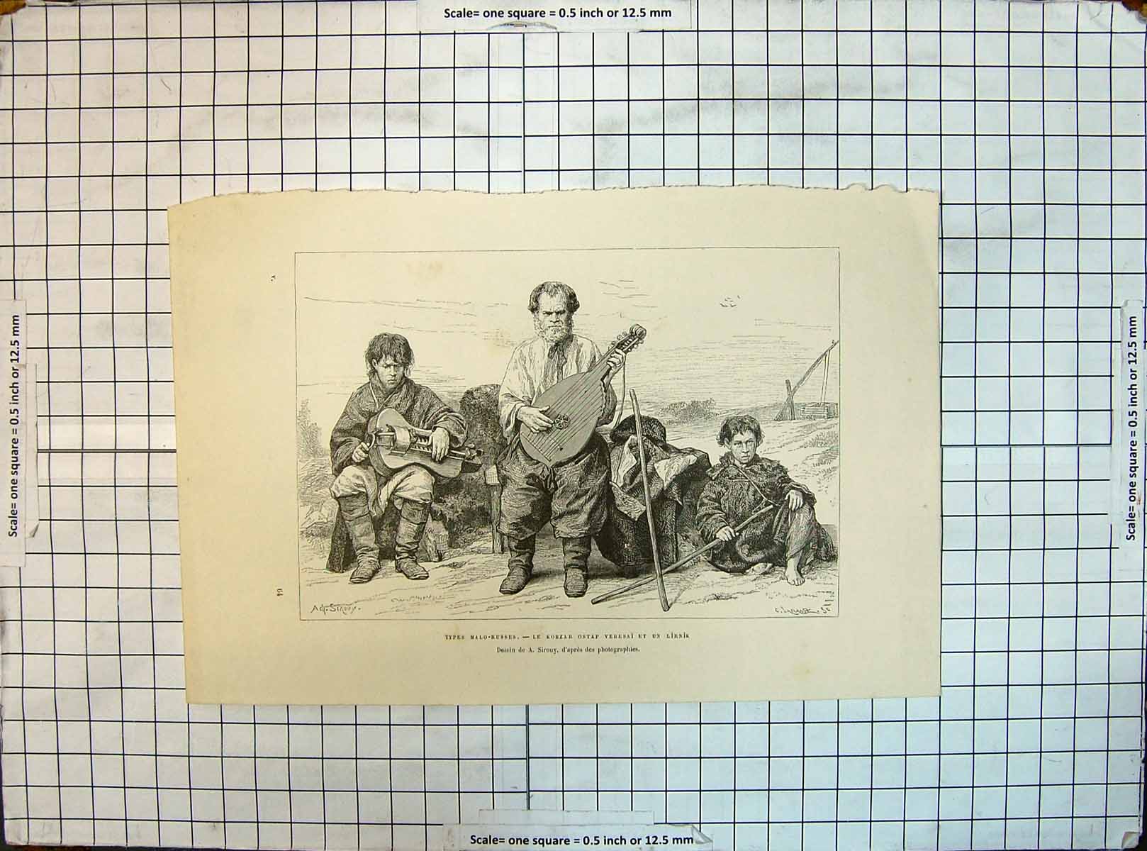 Antique Old Print People Malo-Russes Kobzar Ostap Veresai Lirnik Music People