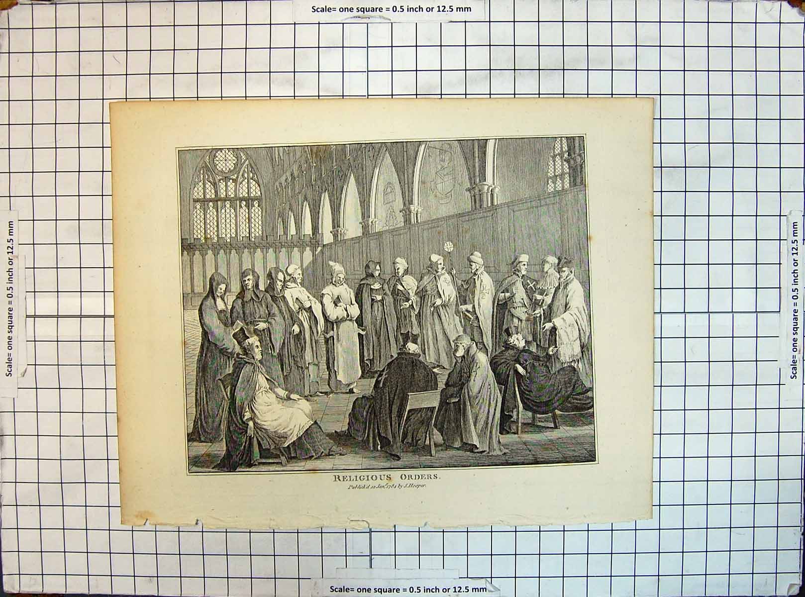 Original Old Antique Print Engraving Religious Orders 1784 Church Scene Hooper