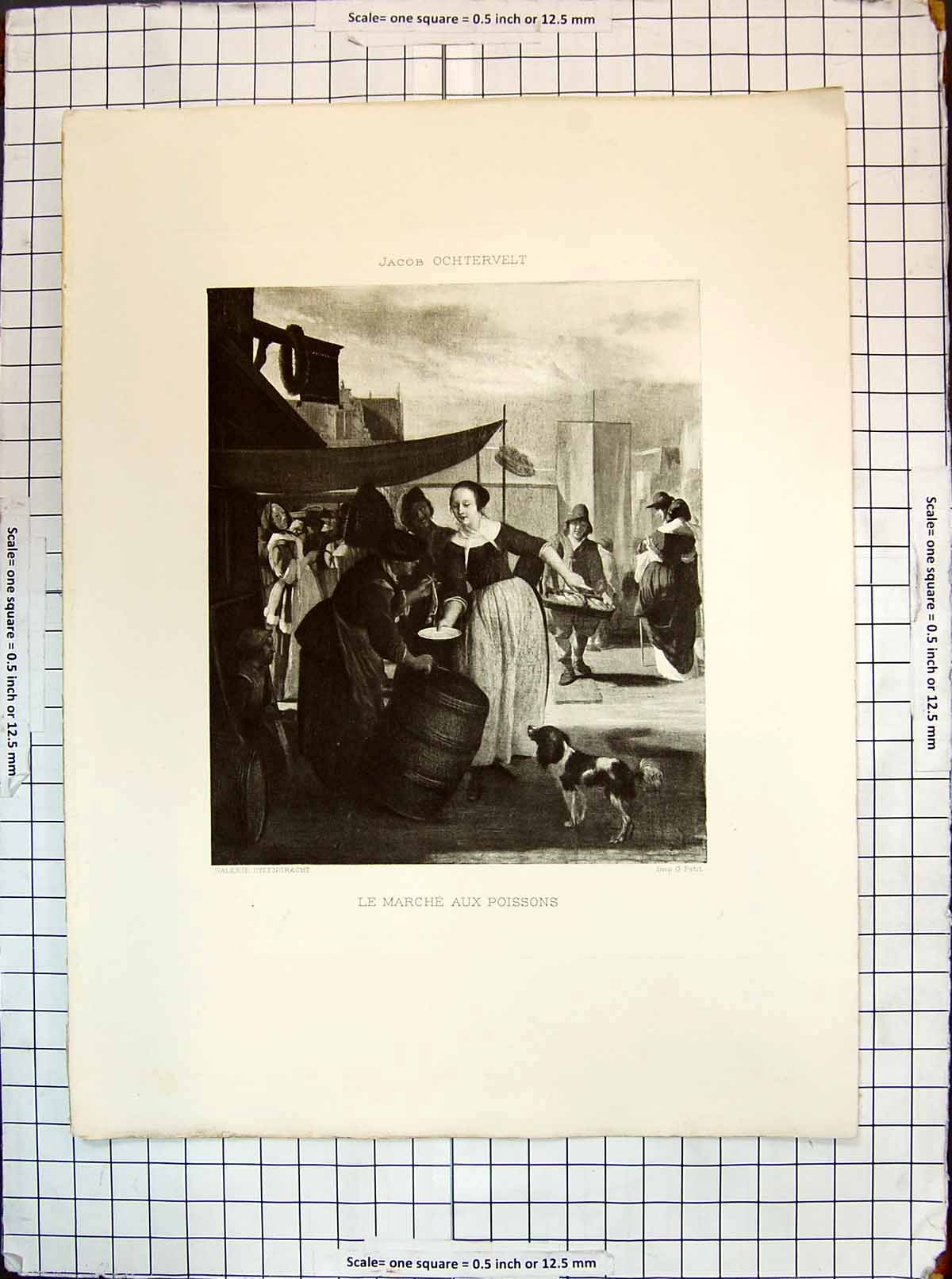 Antique Old Print Steengracht Petit Le Marche Aux Poissons Ochtervelt French