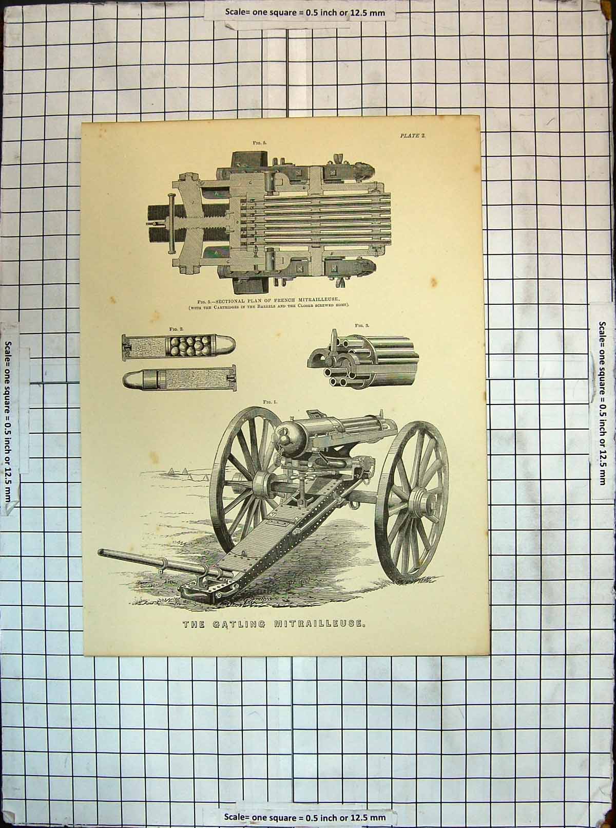 Original Old Antique Print French Gatling Mitrailleuse Sectional Plan