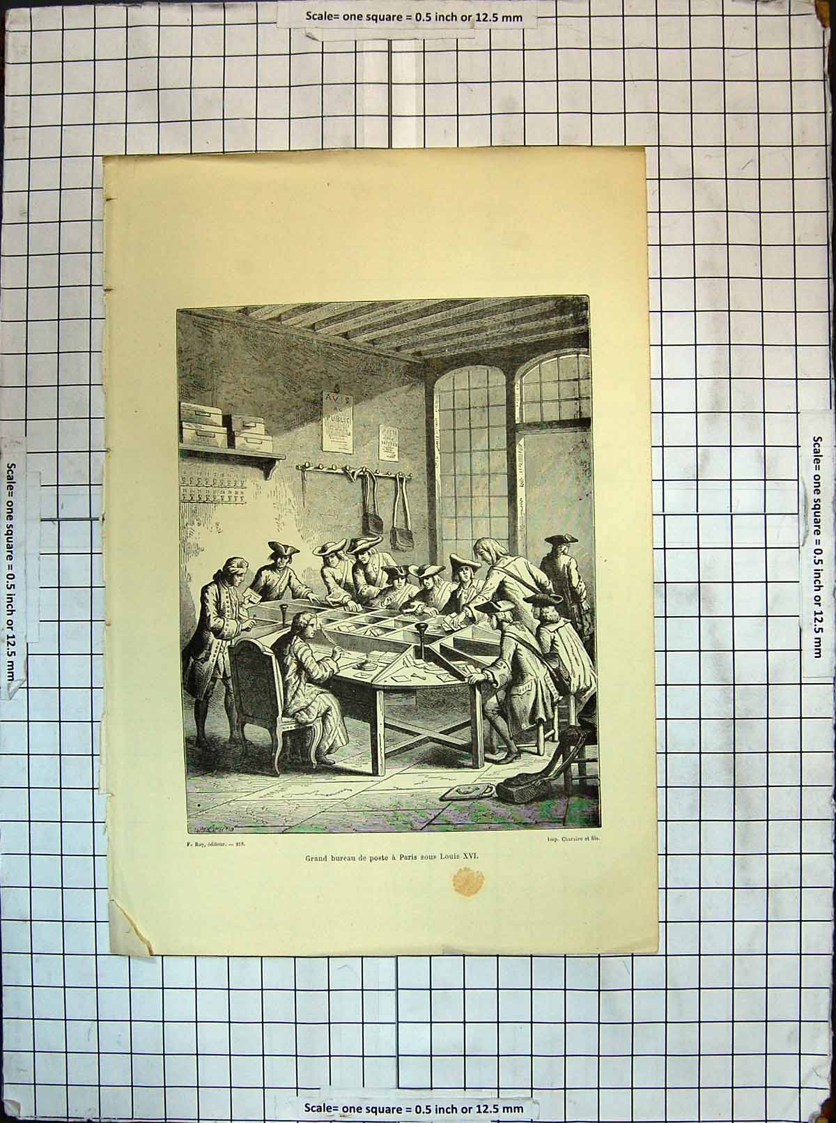 Original Old Antique Print Roy Grand Bureau De Poste A Paris Sous Louis