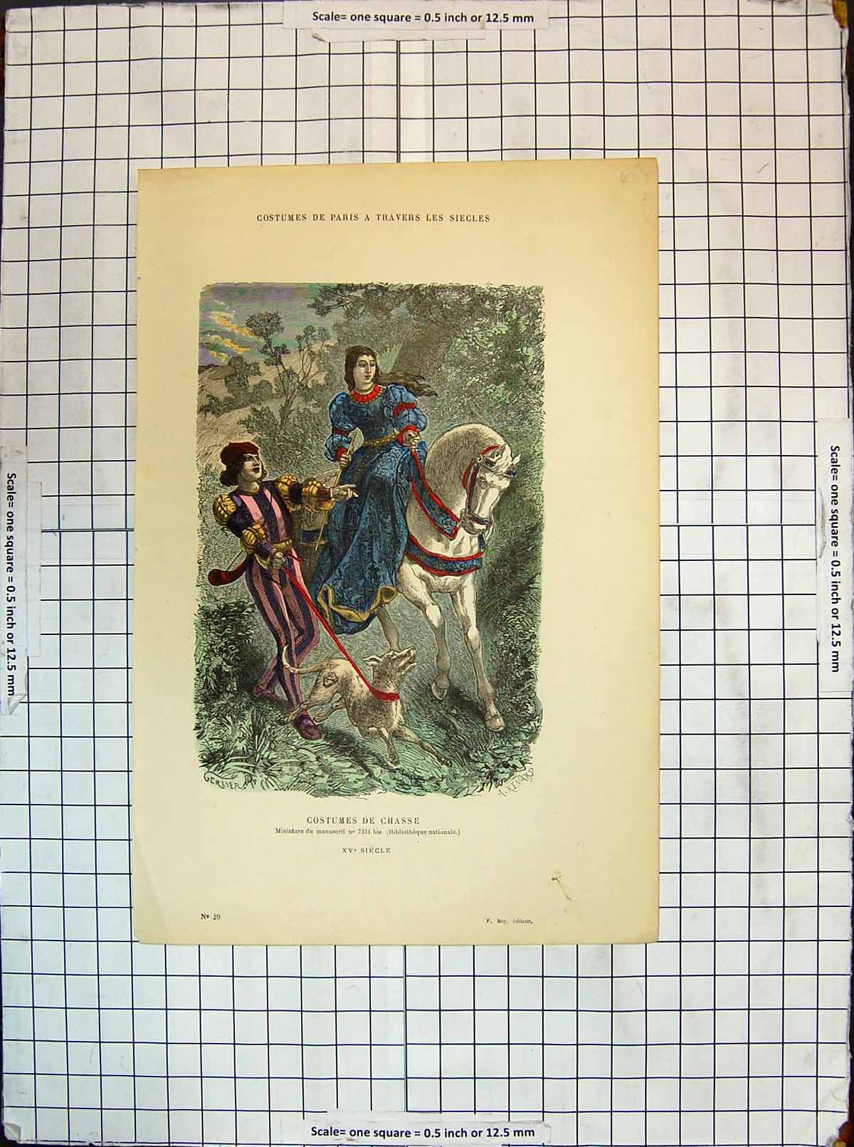 Original Old Antique Print Colour Costumes De Chasse Miniature Du Manuscrit
