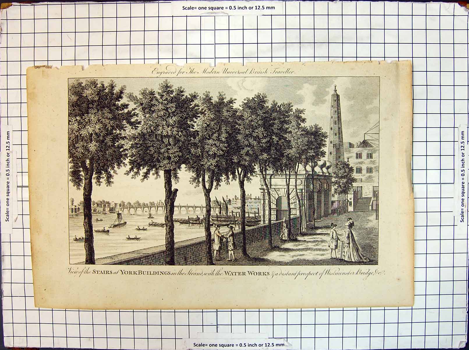 Antique Old Print York Buildings Stairs Water Works Westminster Bridge View