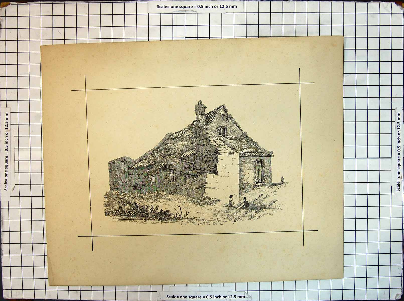 Original Old Antique Print Architecture Building House