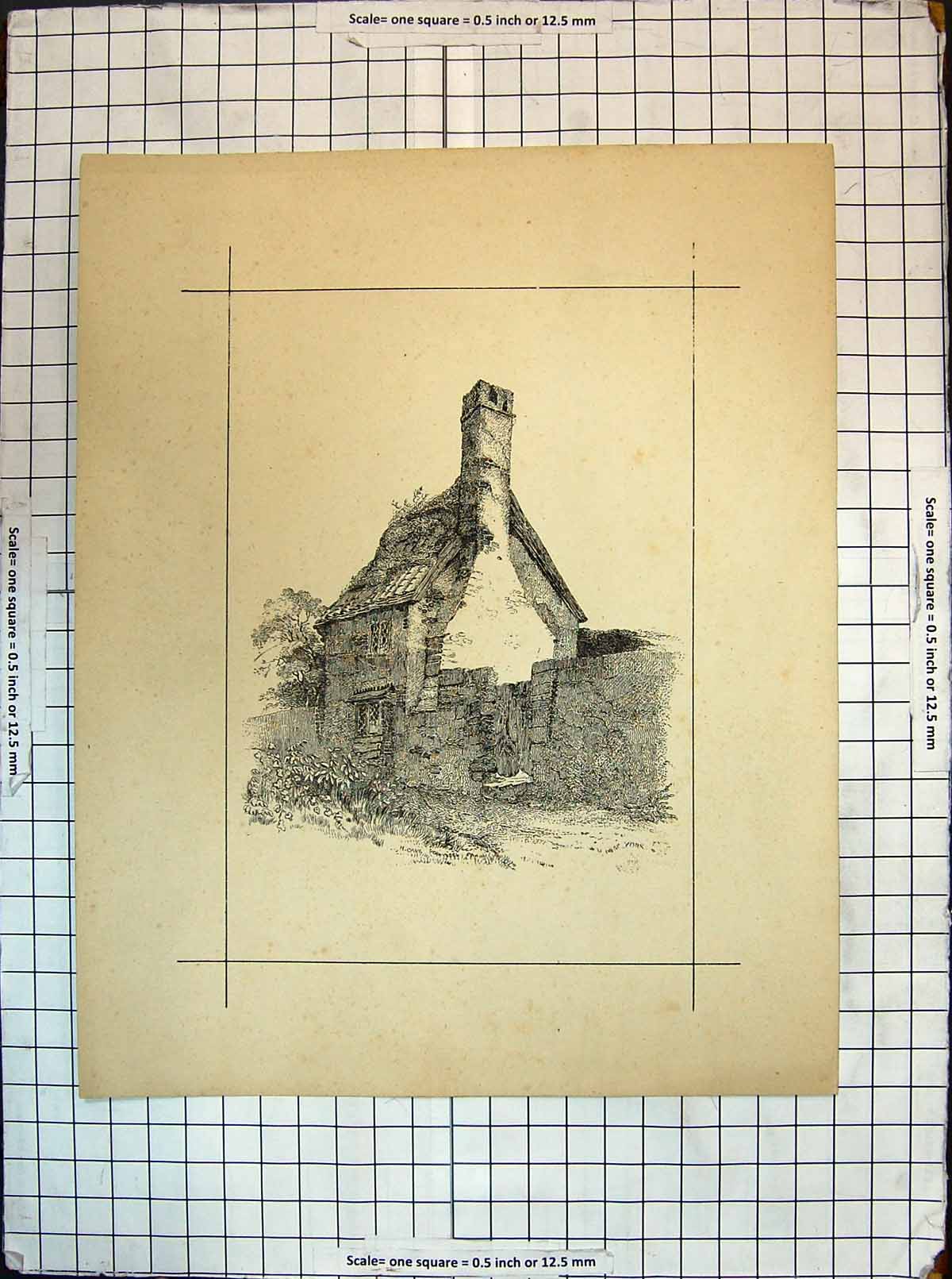 Original Old Antique Print Architecture Building