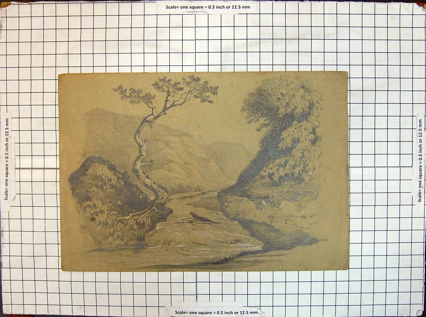 Original Old Antique Print Lanscape Mountains River Trees 18th Century