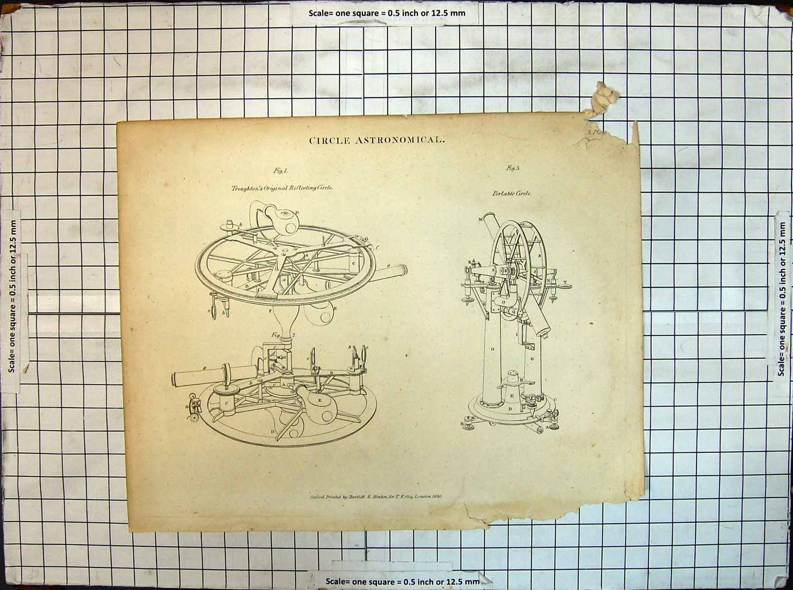 Original Old Antique Print Circle Astronomical Troughton Relfecting Portable