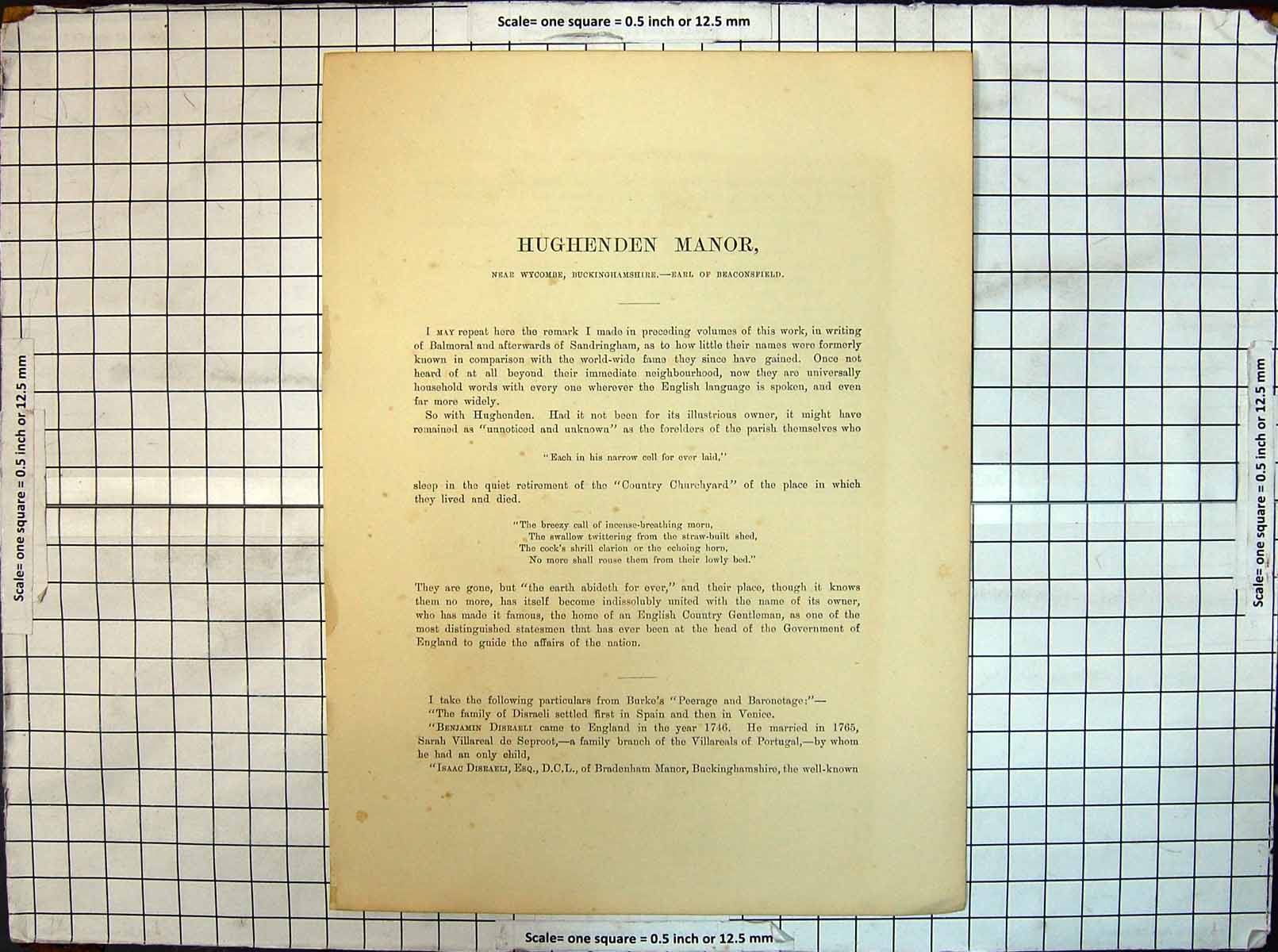 Original Old Antique Print Hughenden Manor Buckinghamshire Earl Beaconsfield
