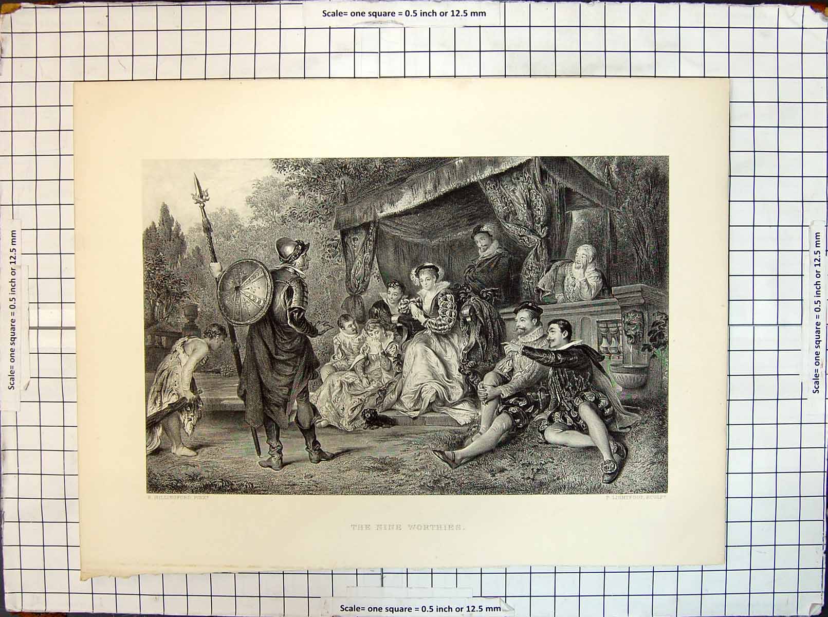 Original Old Antique Print Nine Worthies Women Men Dog Hillingford Lightfoot