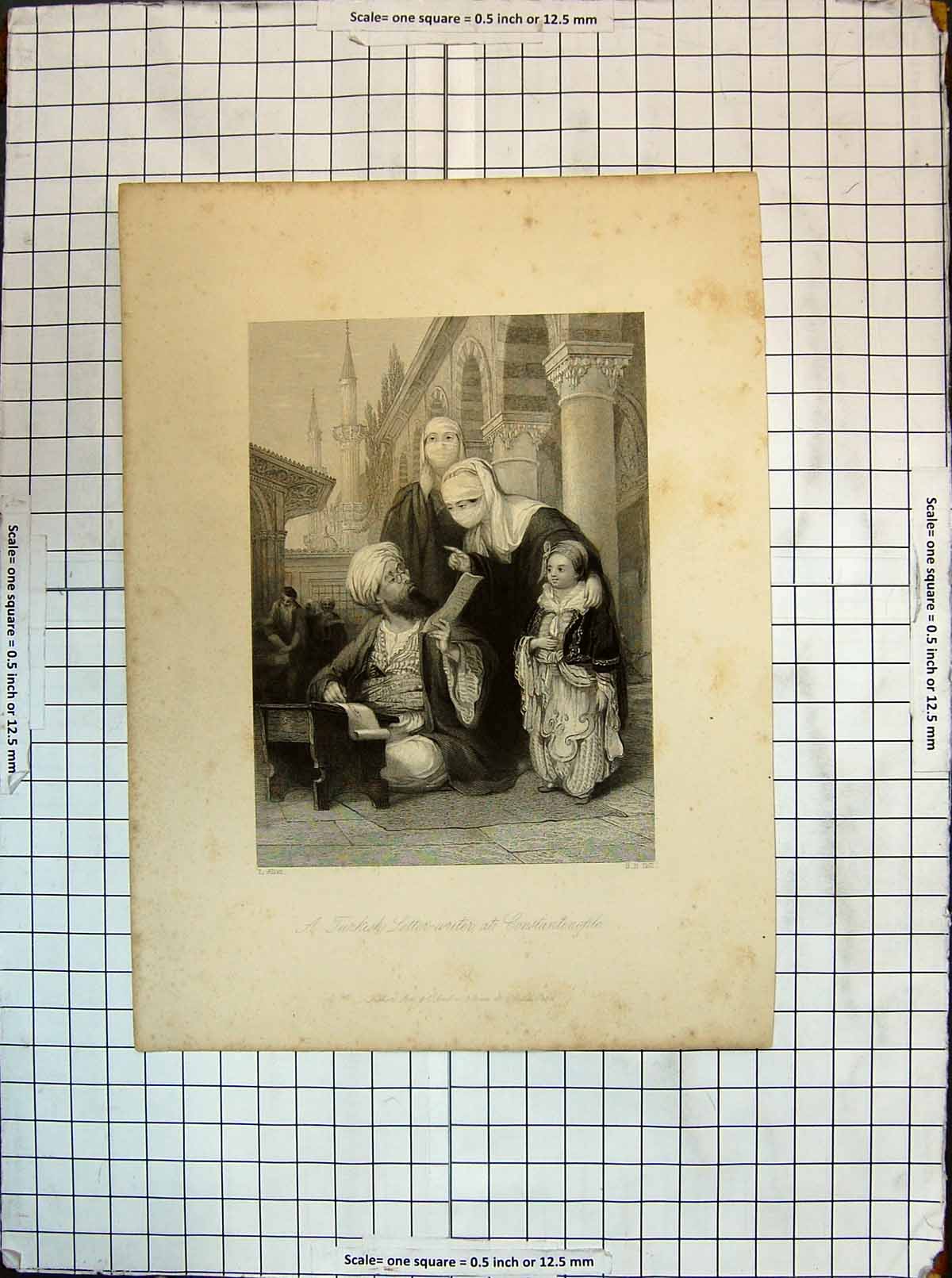 Original Old Antique Print Turkish Letter Writer Constantinople Allom Holl 20th