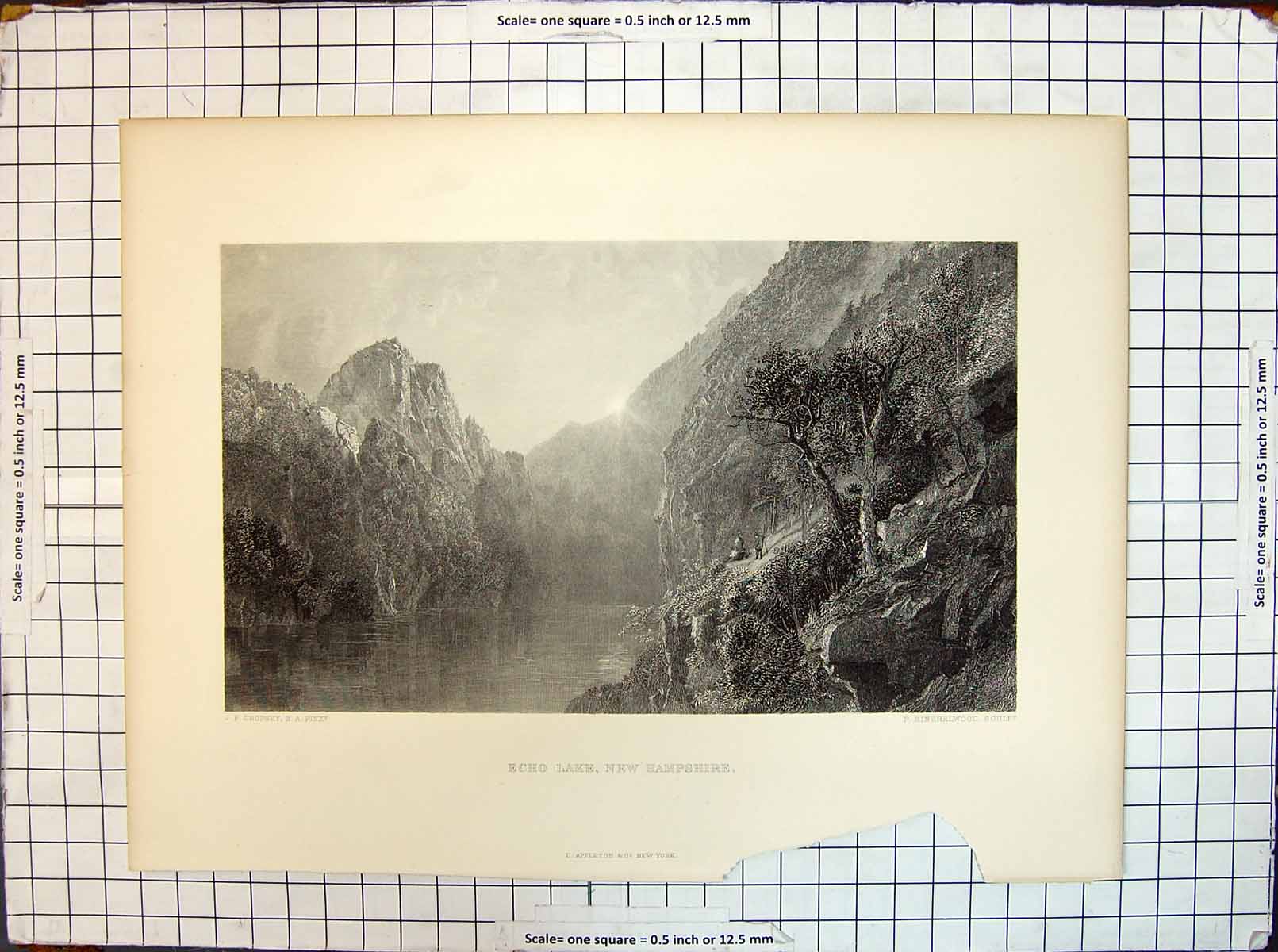 Original Old Antique Print Echo Lake New Hampshire Cropsey Hinshelwood 20th