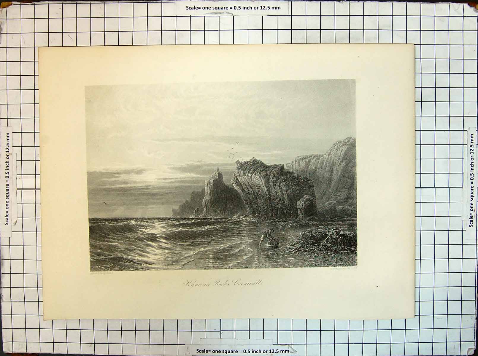 Original Old Antique Print Kynance Rocks Sea Ocean Cornwall Mogford Bradshaw