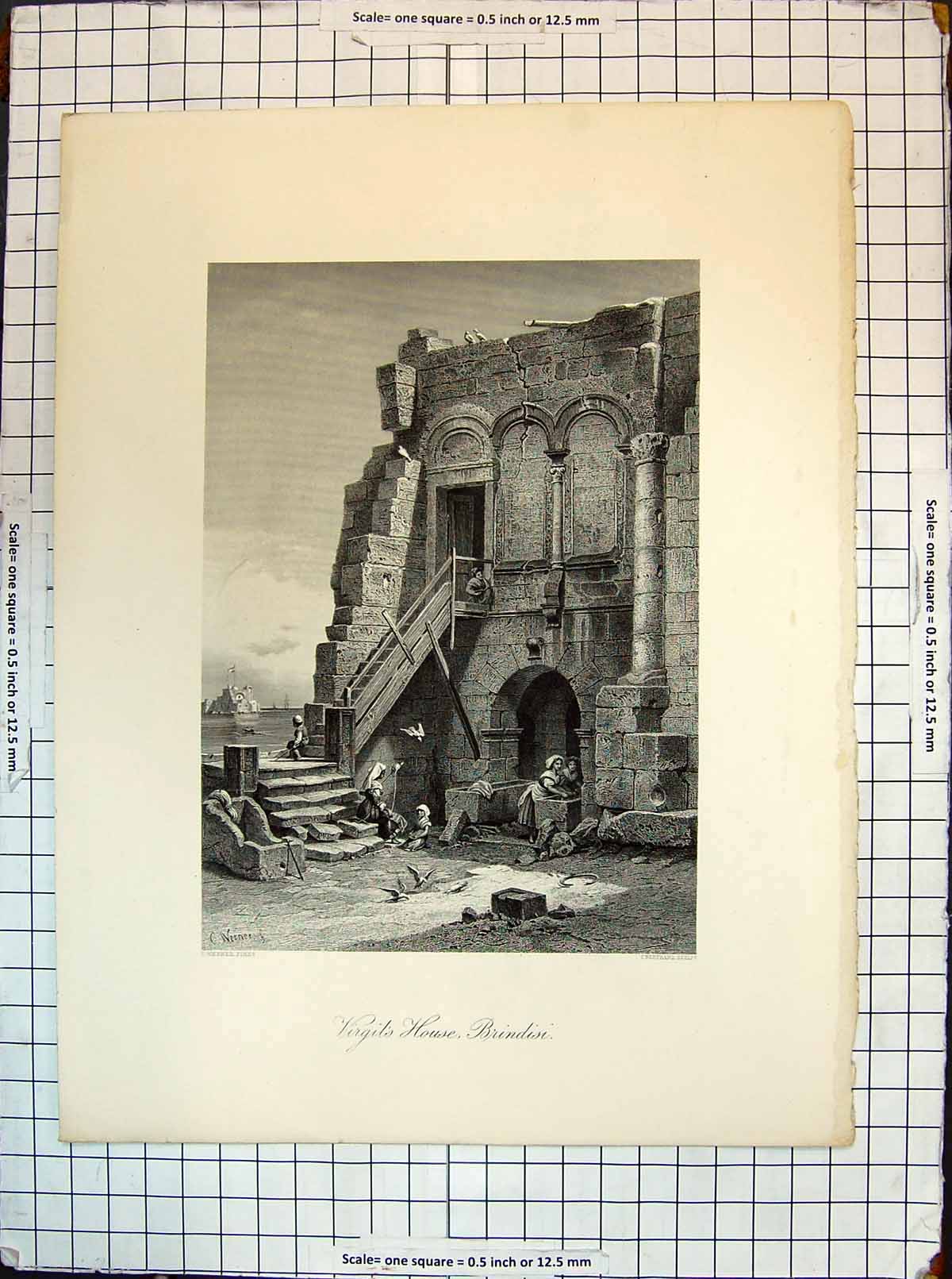 Original Old Antique Print Virgils House Brindisi Werner Bertrand