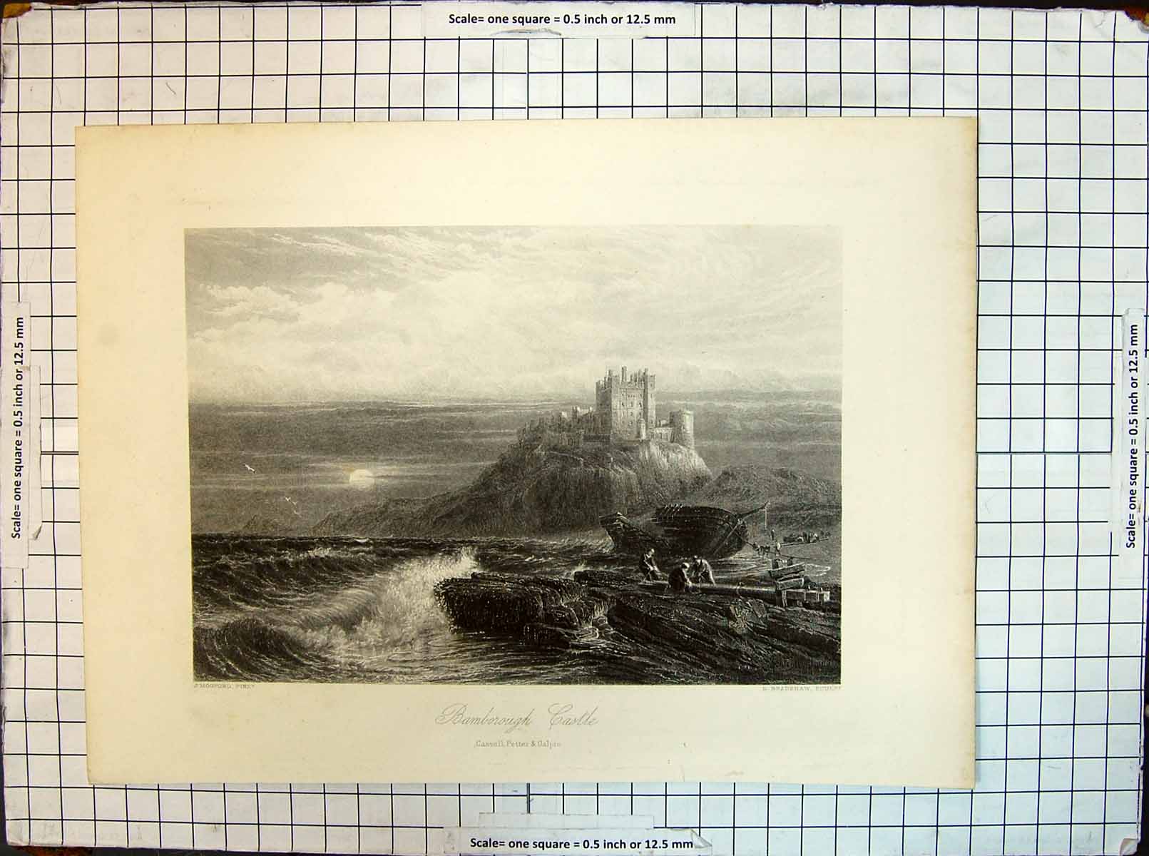 Antique Old Print Bamborough Castle Cassell Petter Galpin Mogford Bradshaw
