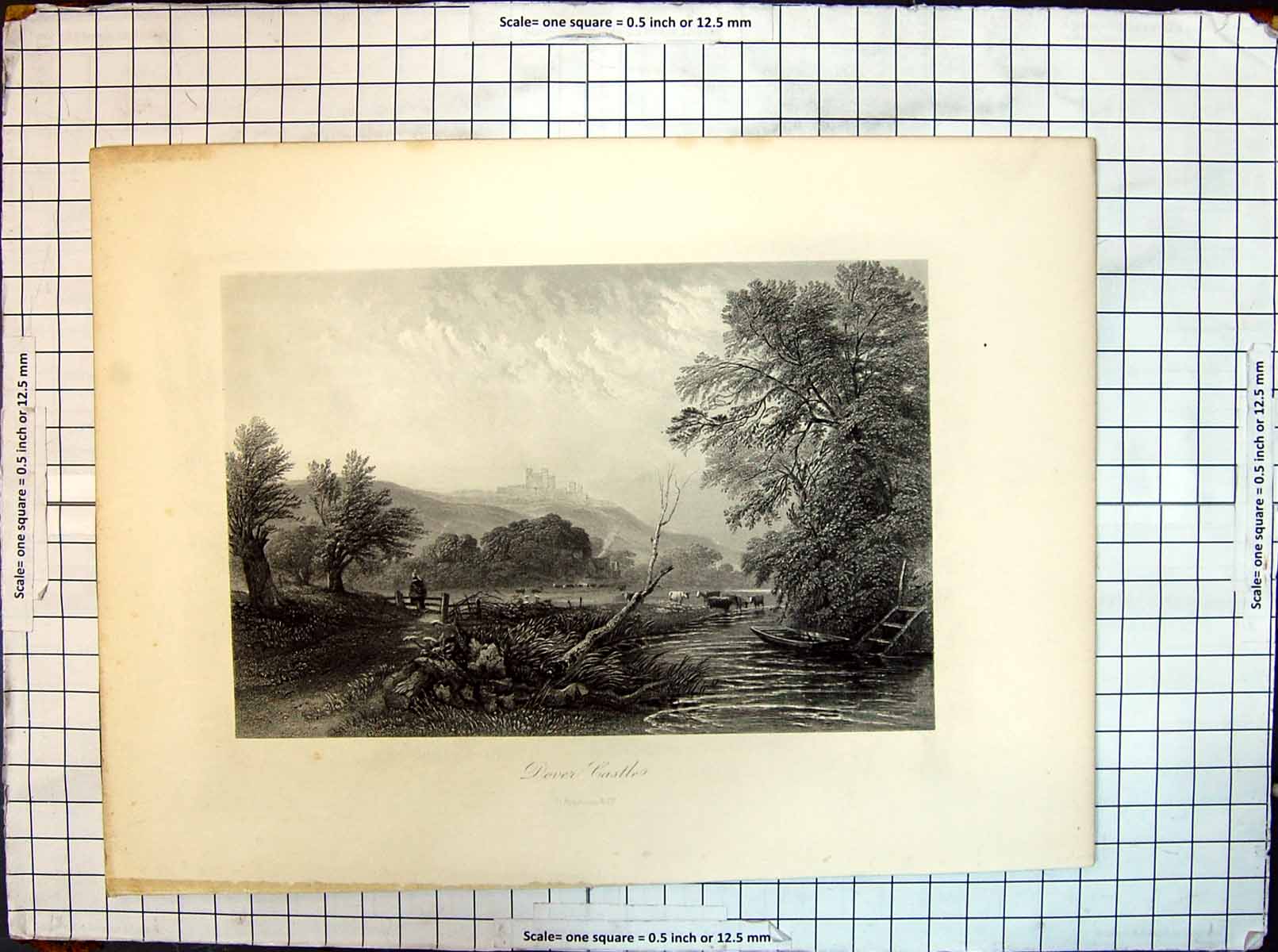 Original Old Antique Print Dover Castle Appleton River Trees Cows Animals