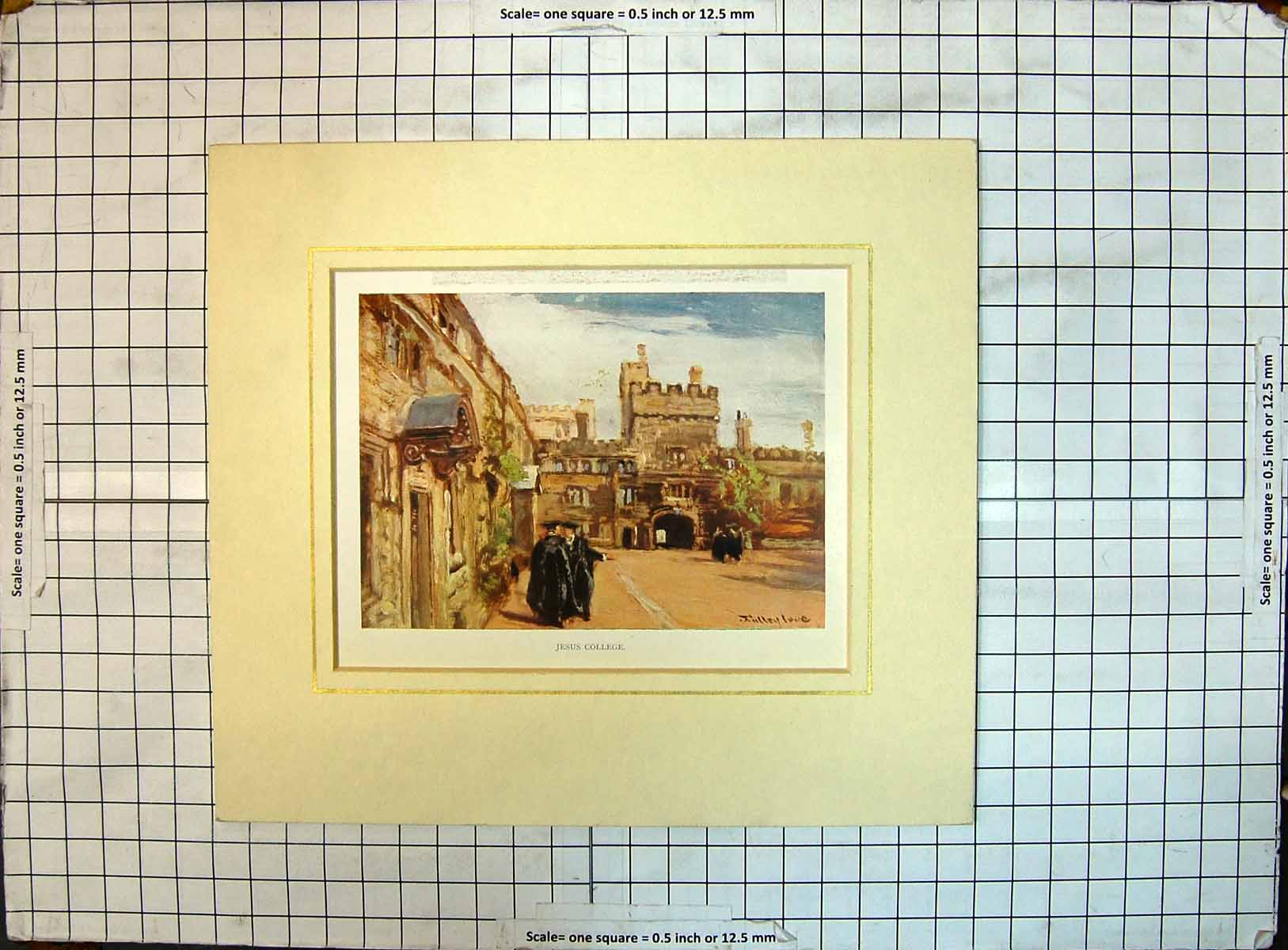 Original Old Antique Print Colour Jesus College Building Architecture