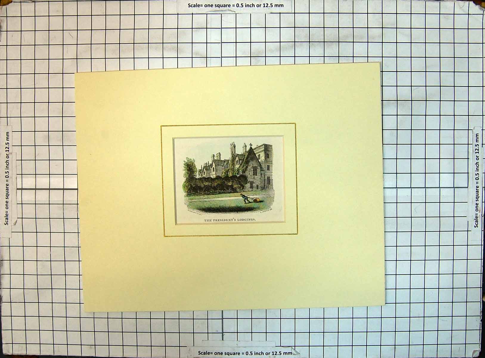 Old Antique Print Colour Presidents Lodgings Building Architecture Jewitt