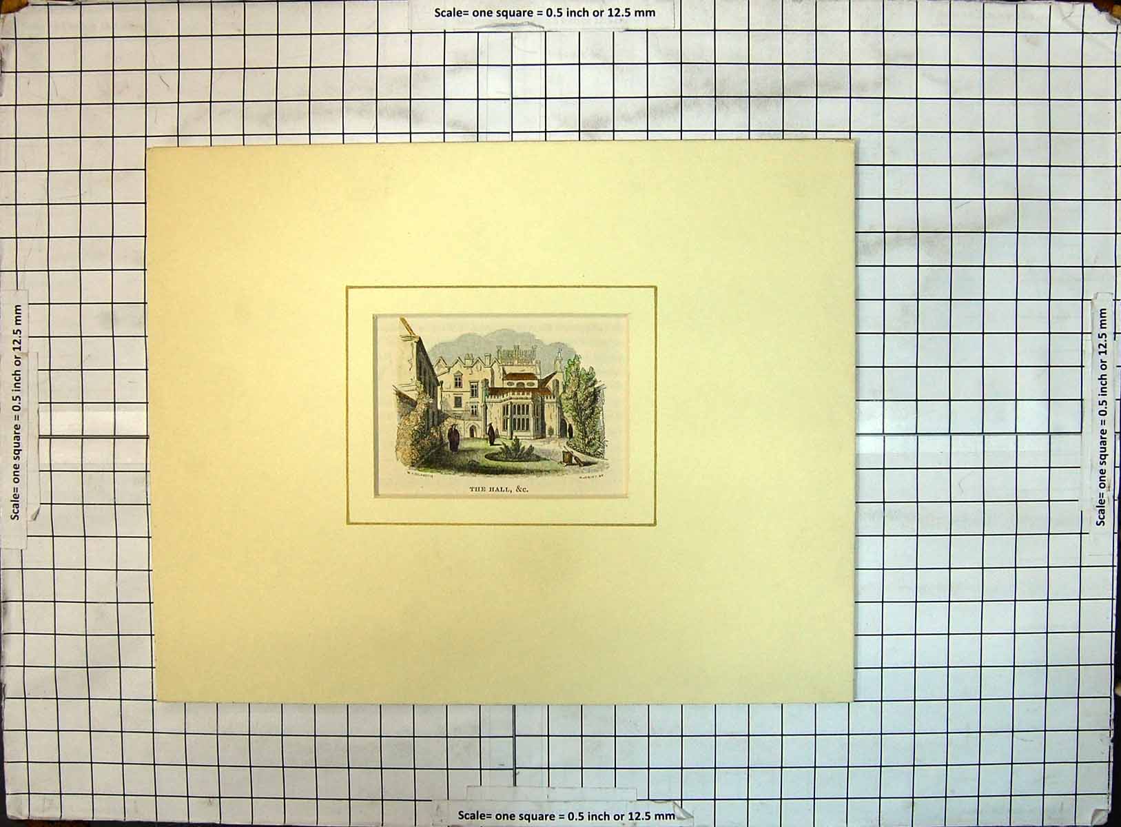 Original Old Antique Print Colour Hall Building Architecture