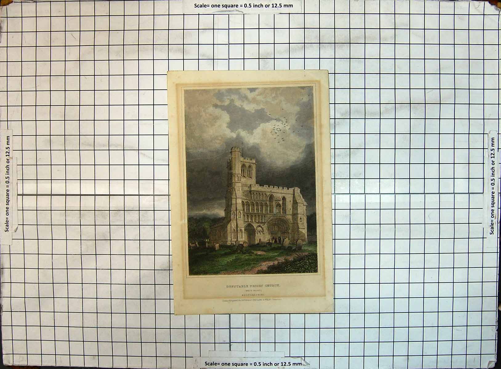 Original Old Antique Print Colour Dunstable Priory Church Bedfordshire Dugdales