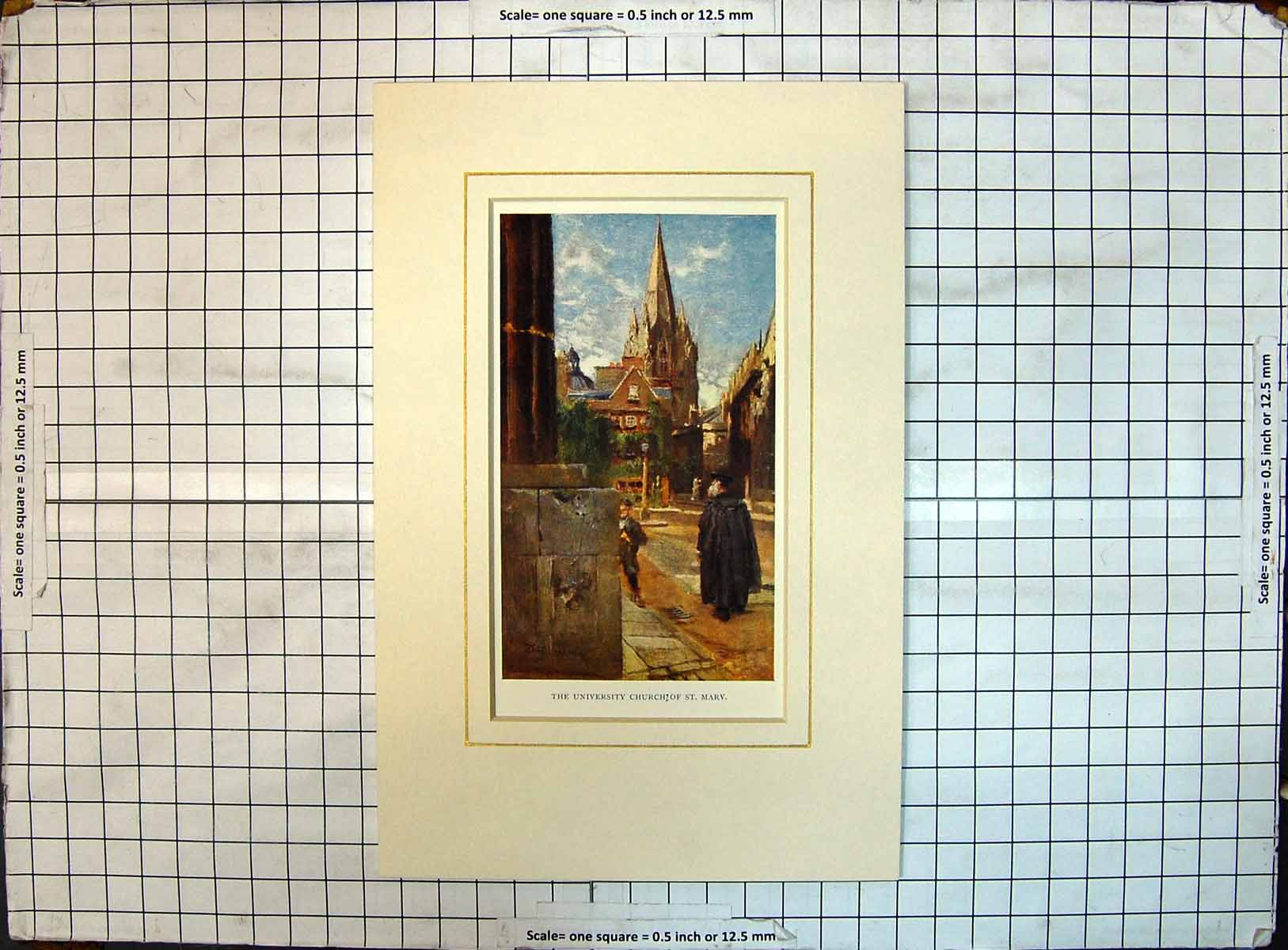 Original Old Antique Print Colour University Church St. Mary Architecture