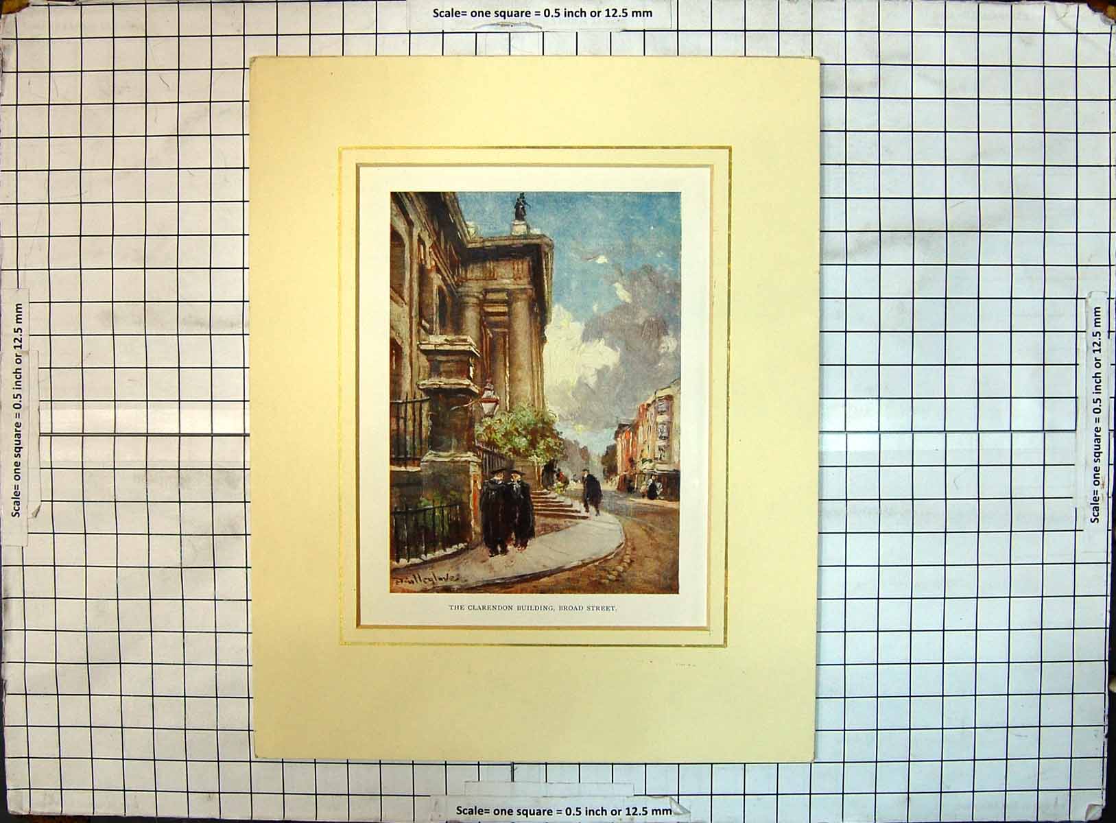Original Old Antique Print Colour Clarendon Building Broad Street Scene