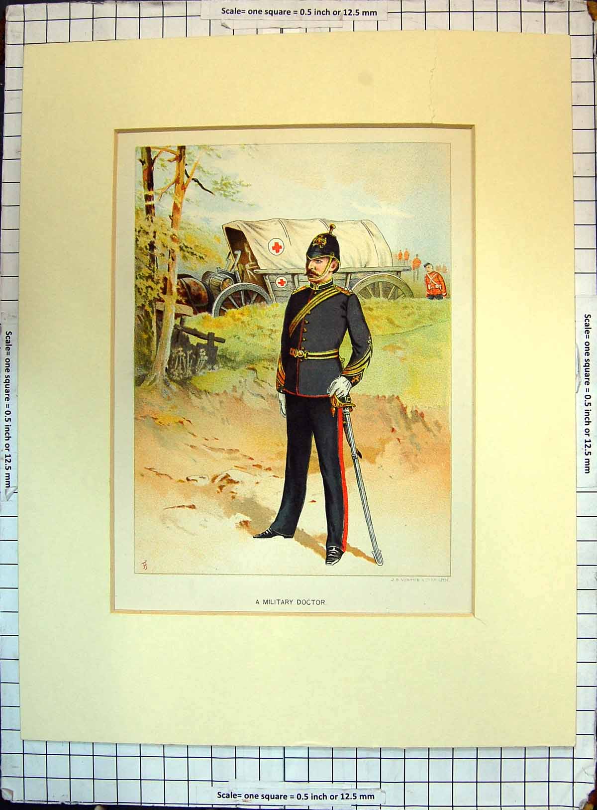 Original Old Antique Print Colour Military Doctor War Ambulance Waggon