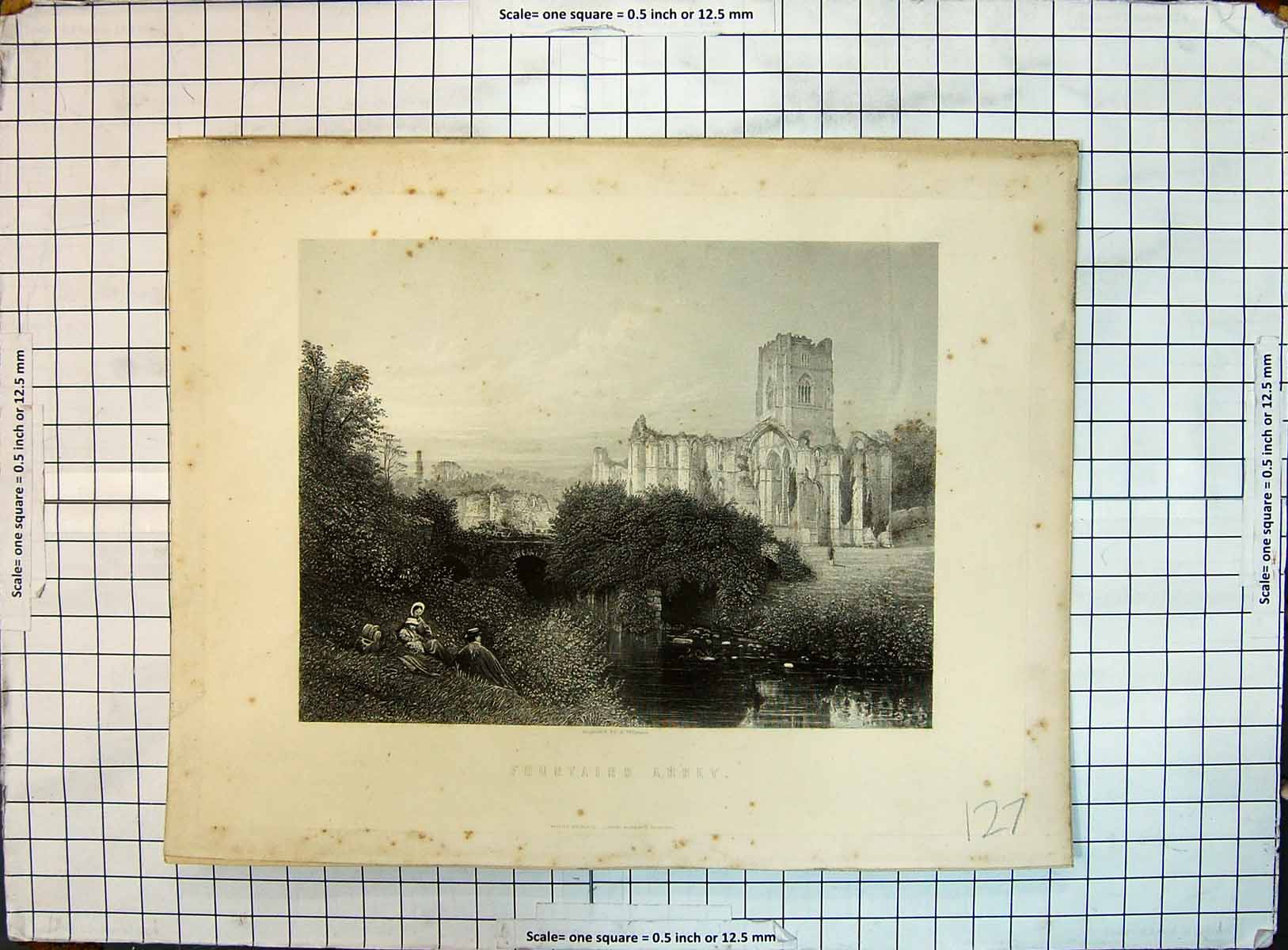 Old Print Fountain Abbey River Bridge Church Architecture Mansion House