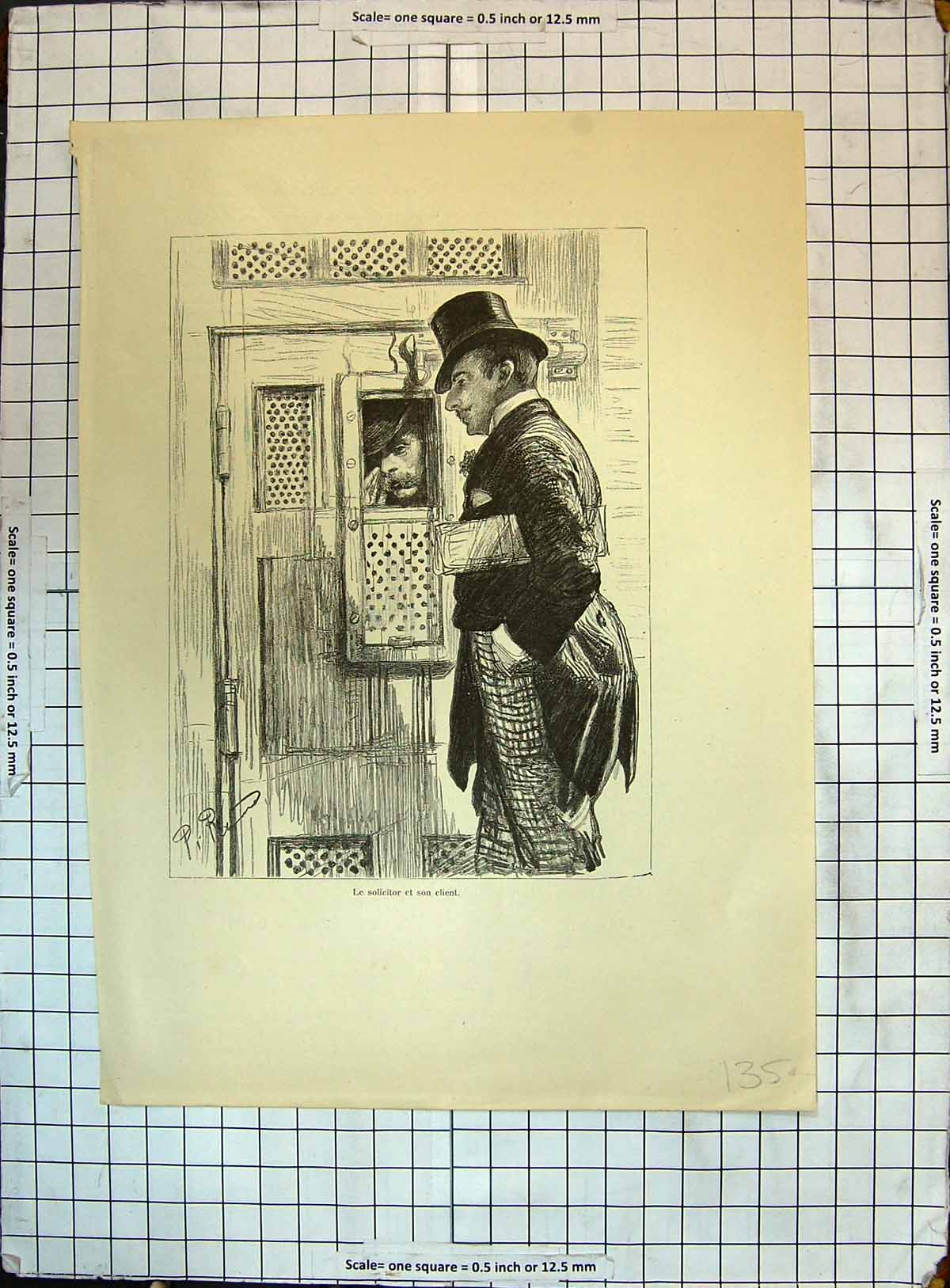 Original Old Antique Print Solicitor Son Client Police French Scene