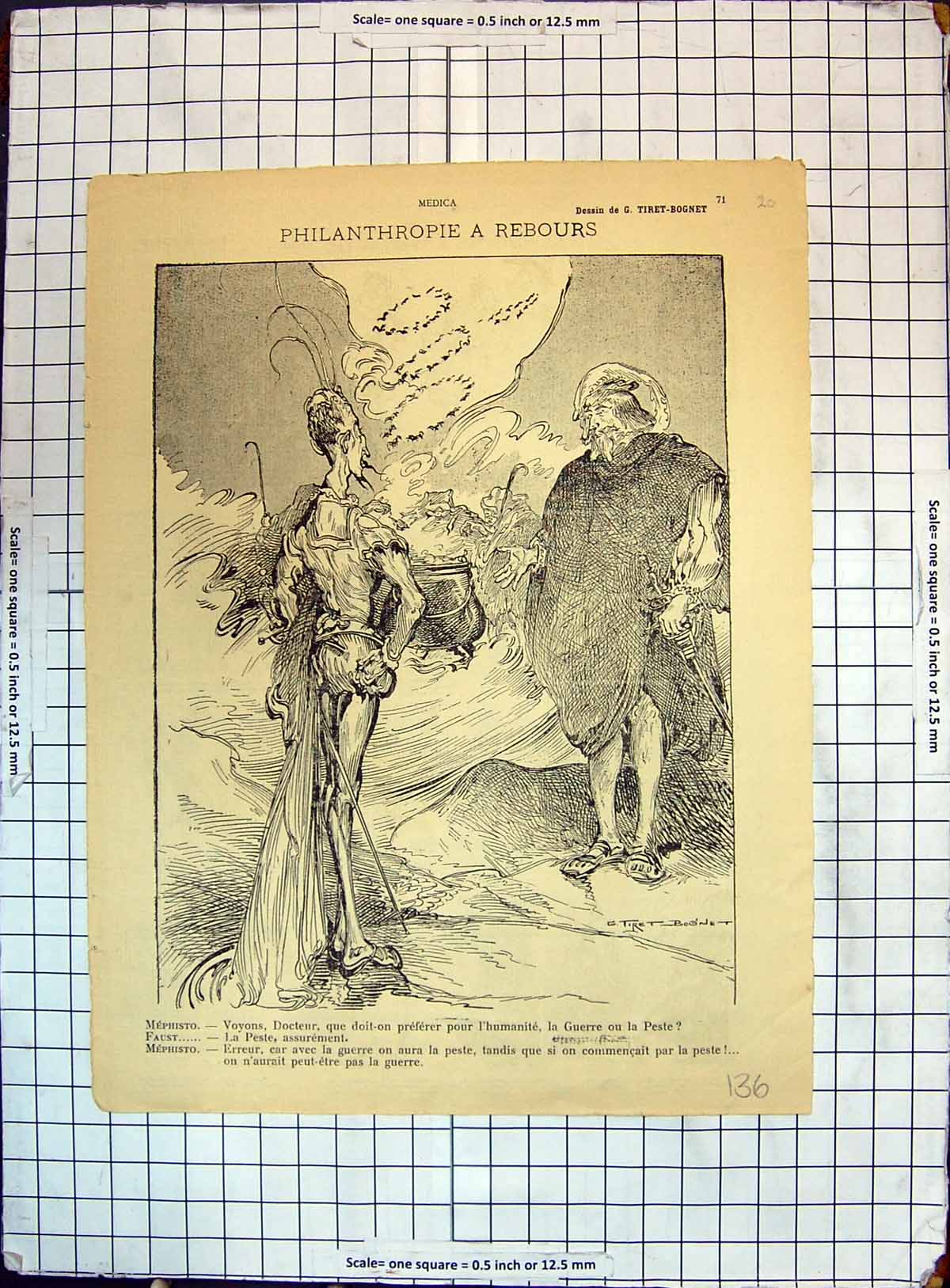 Antique Old Print French Philanthropie Rebours Mephisto Faust Travers Ages