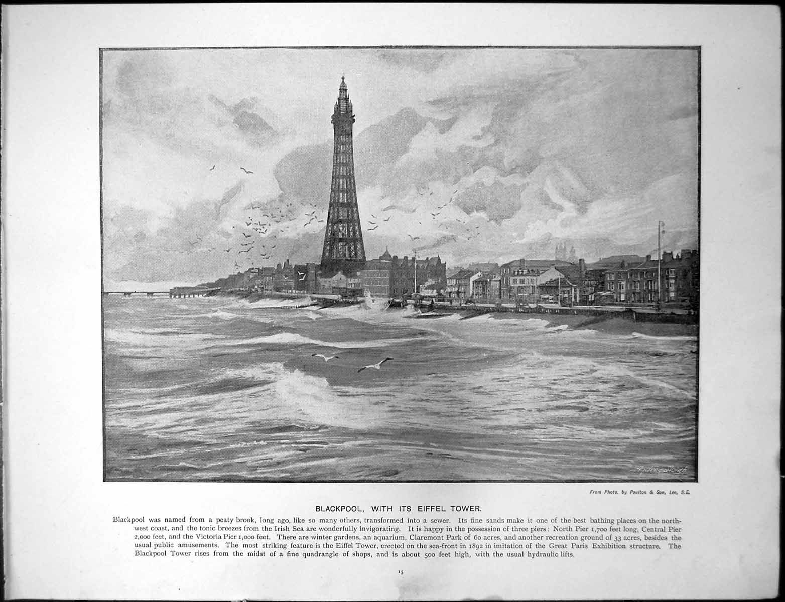 Old Print Blackpool Tower Promenade Market Place Derby All Saints Church