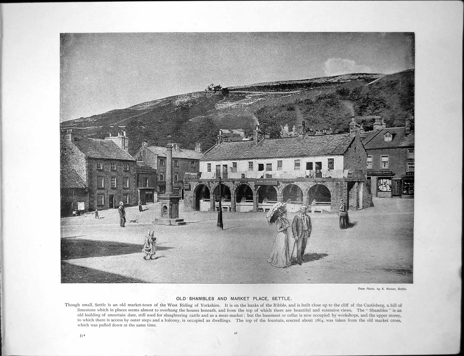 Original Old Antique Print Shambles Market Place Settle Barnstable South Walk
