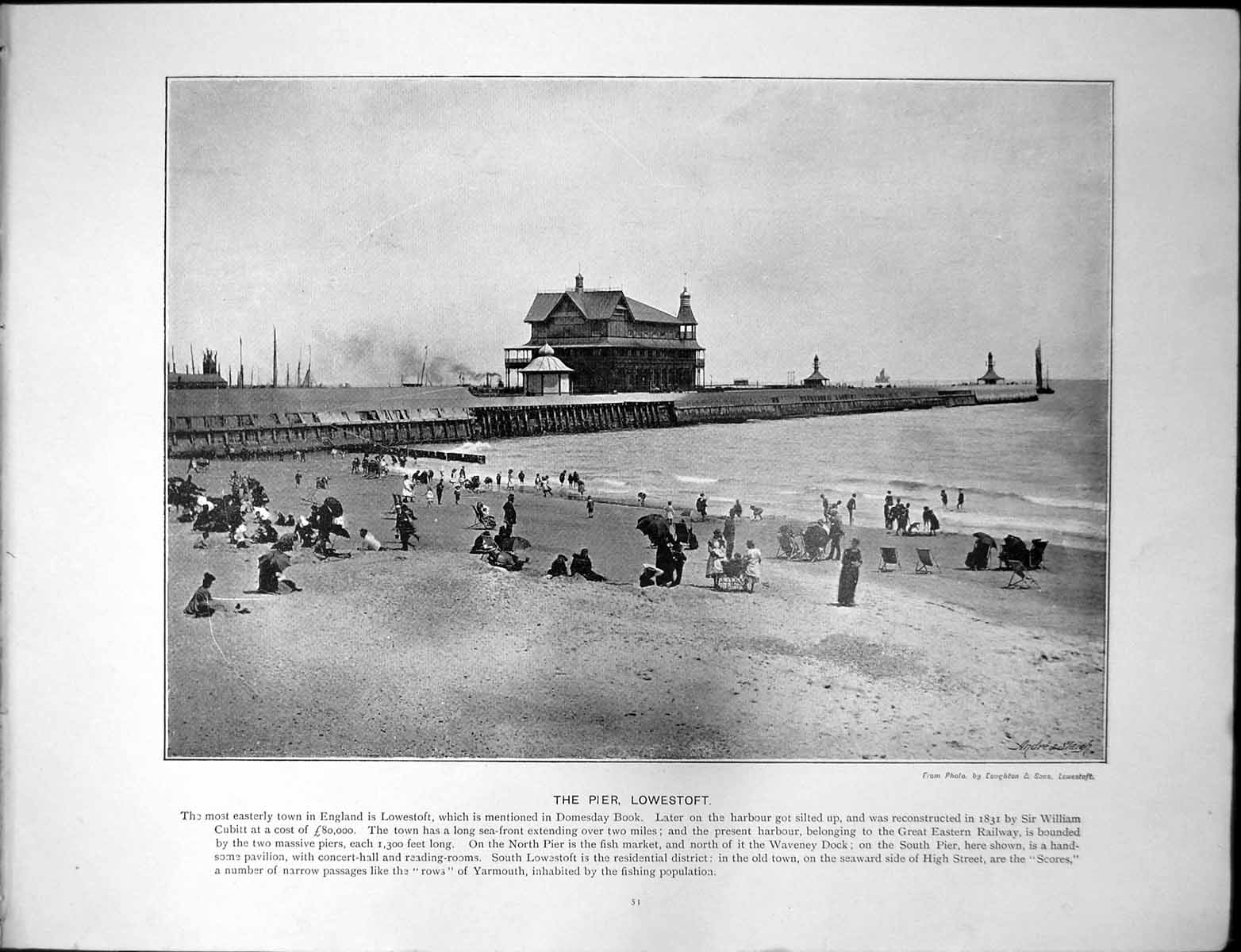 Original Old Antique Print Pier Lowestoft Market Place Cathedral Towers Wells