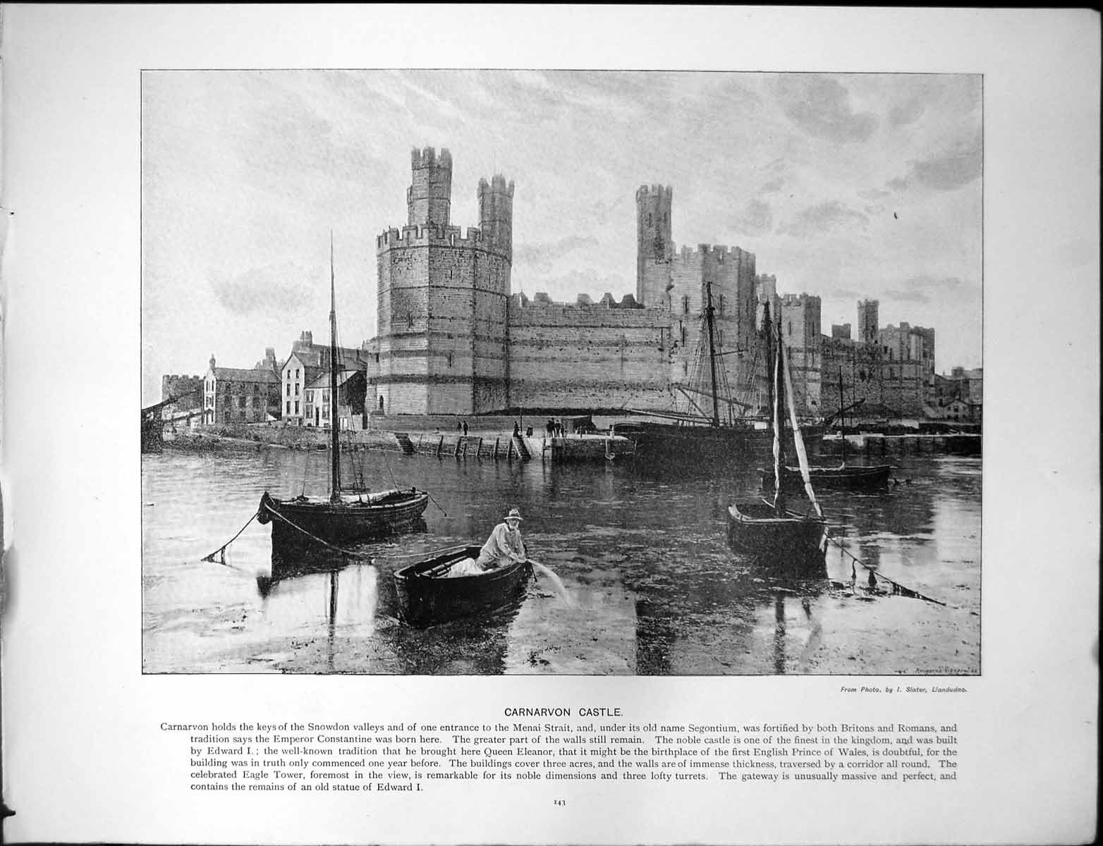 Antique Old Print Carnarvon Castle Snowdon Valleys Bridge Weir Great Marlow