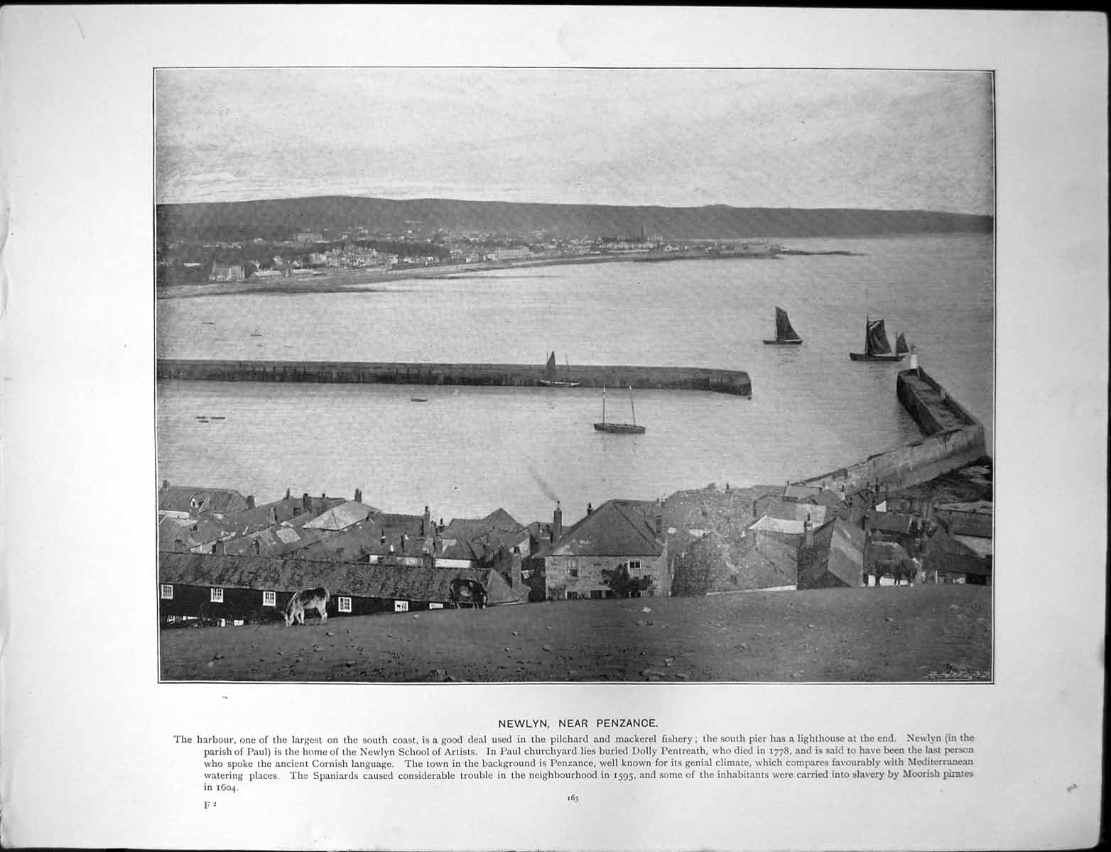 Antique Old Print Newlyn Near Penzance Harbour St Michaels Mount Marazion Tin