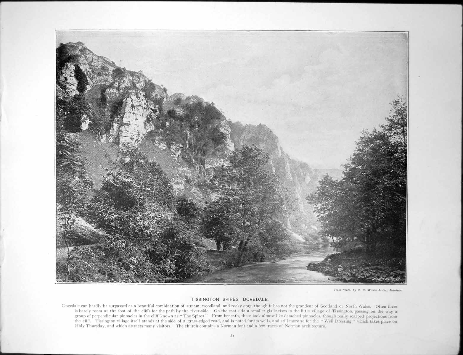 Antique Print Tissington Spires Dovedale Cliffs Haddon Hall Mansion Towers 20th