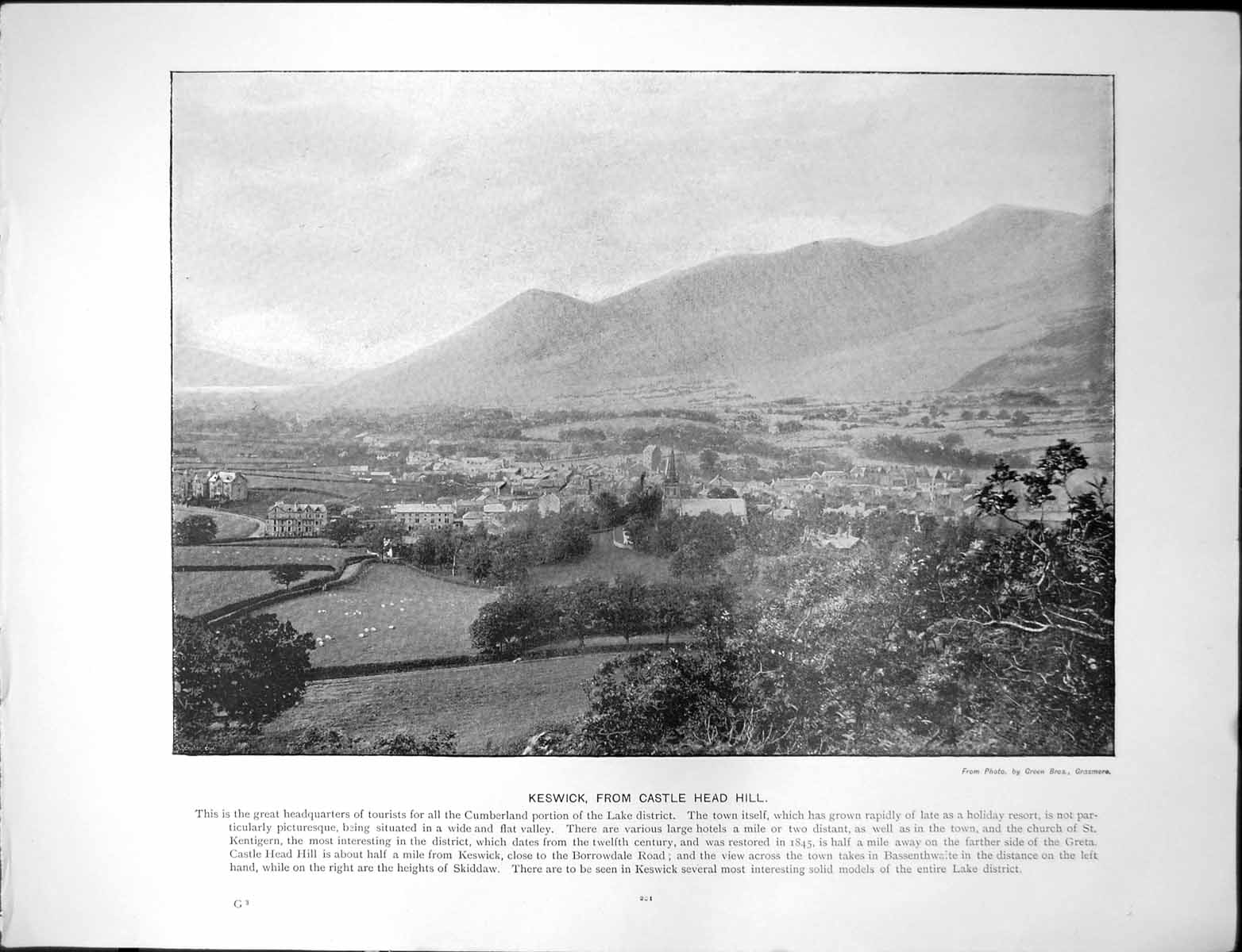 Old Print Keswick Castle Head Hill Lake District Falcon Crag Derwentwater