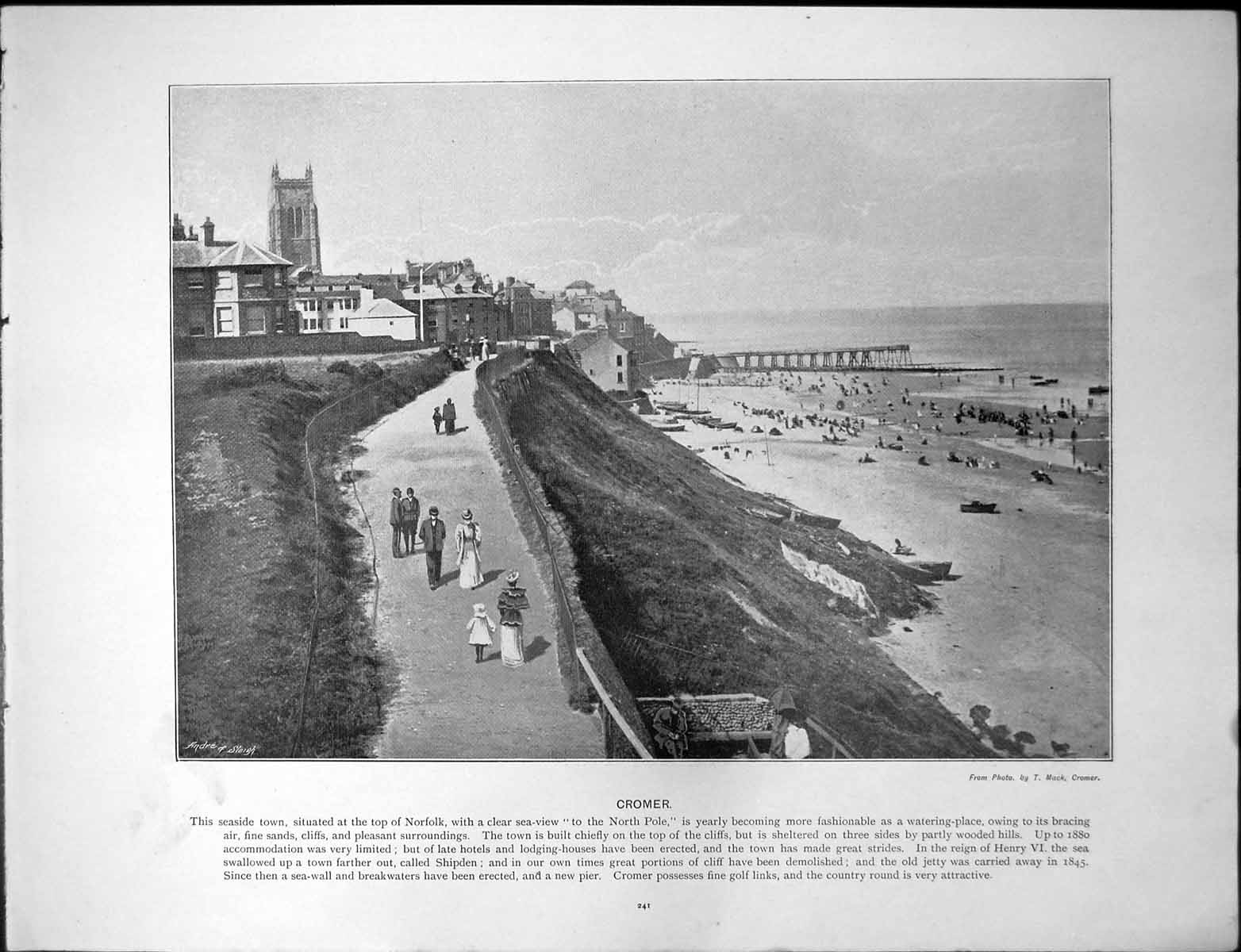 Antique Old Print Cromer Seaside Town Top Norfolk Mont Orgueil Castle Jersey