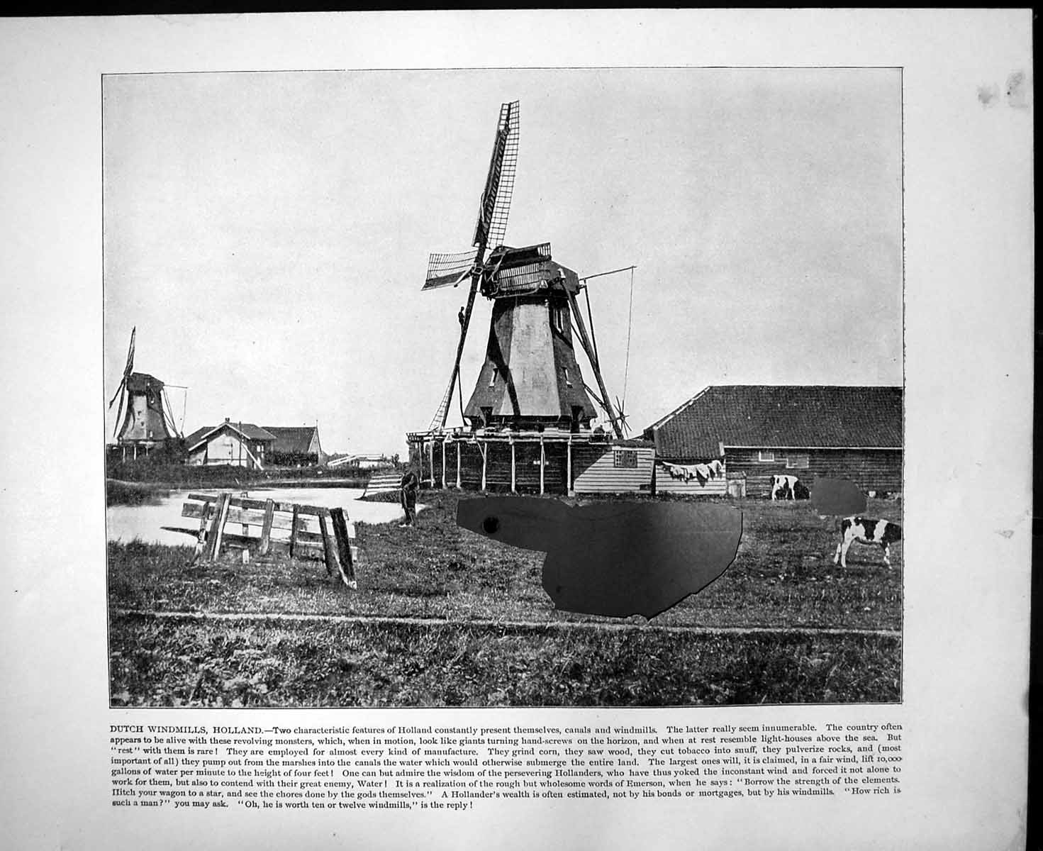 Old Print Dutch Windmills Holland Bay Naples Vesuvius Damaged C1893 172RG 19th