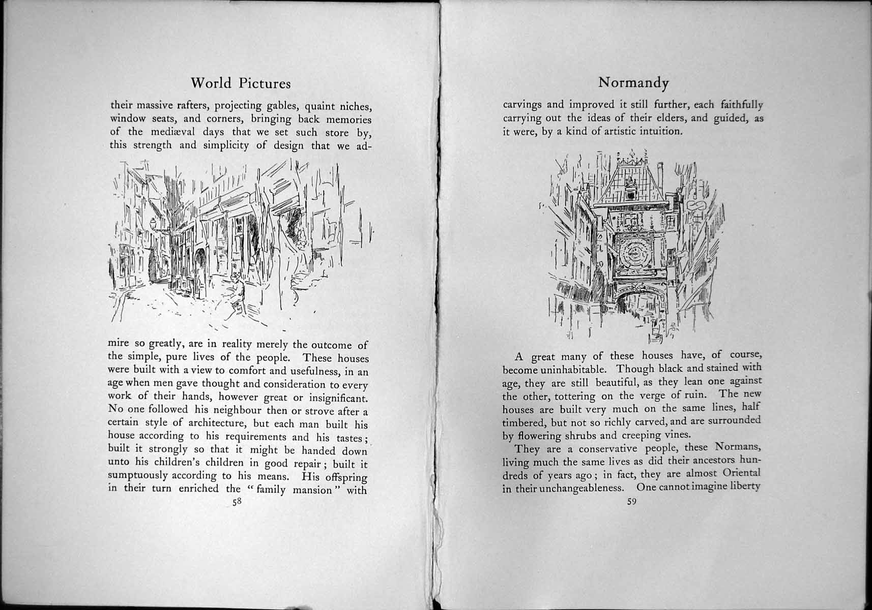Original Old Antique Print Normandy Peaceful Villages Houses Medieval Times