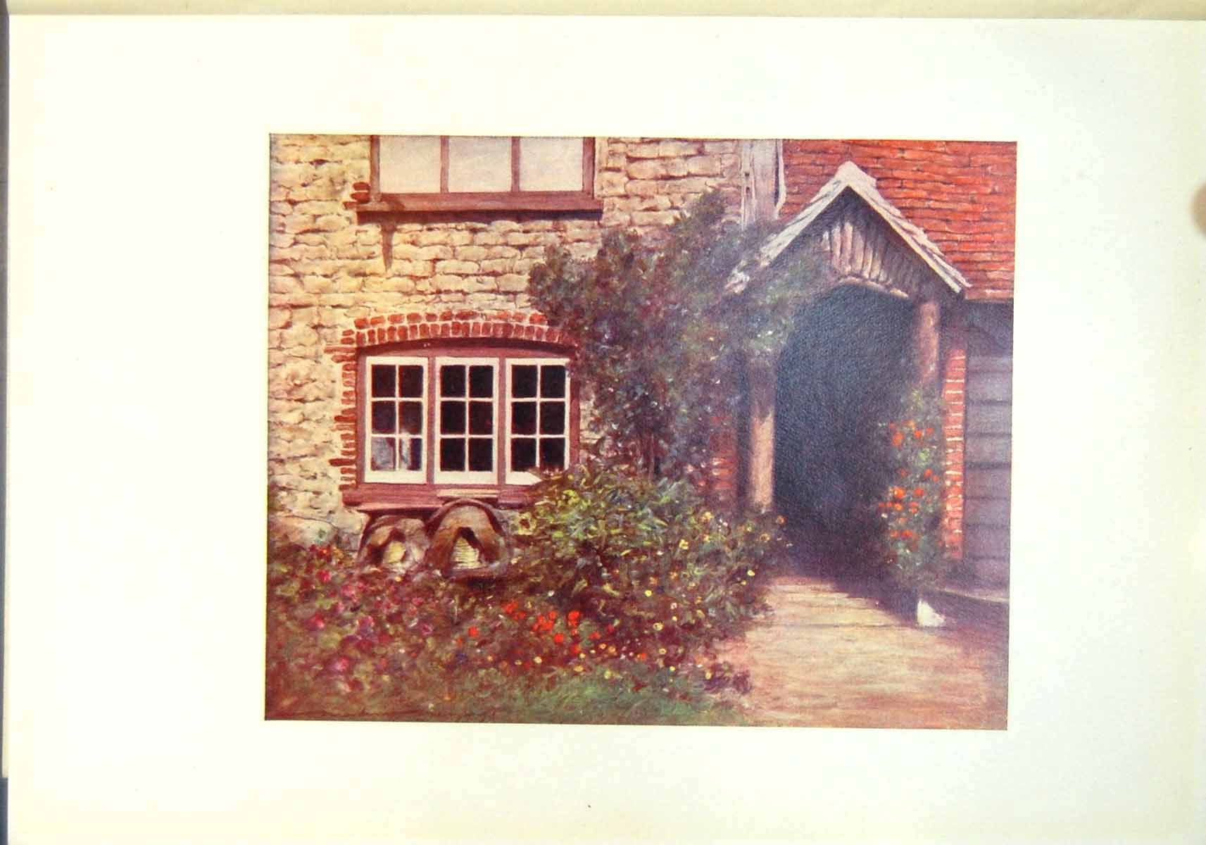 Original Old Antique Print Surrey Porch Windows Garden Flowers