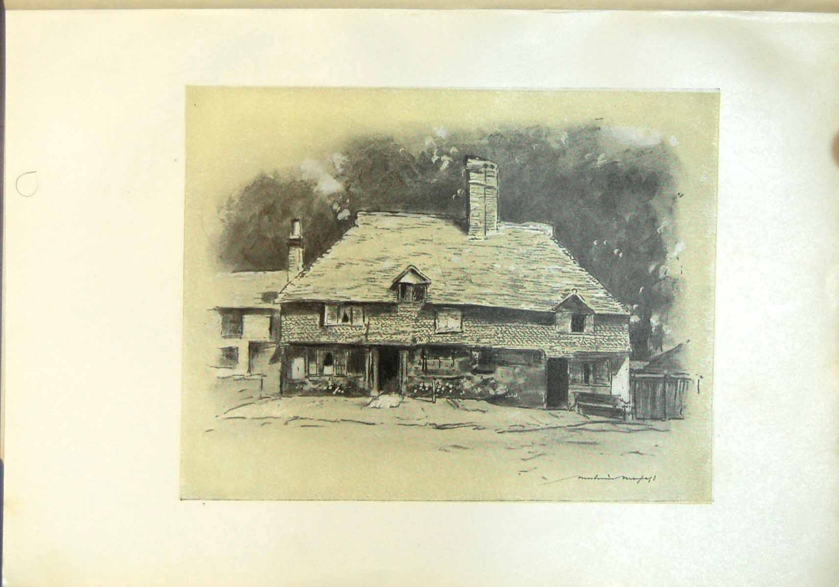 Original Old Antique Print Cottage In Surrey