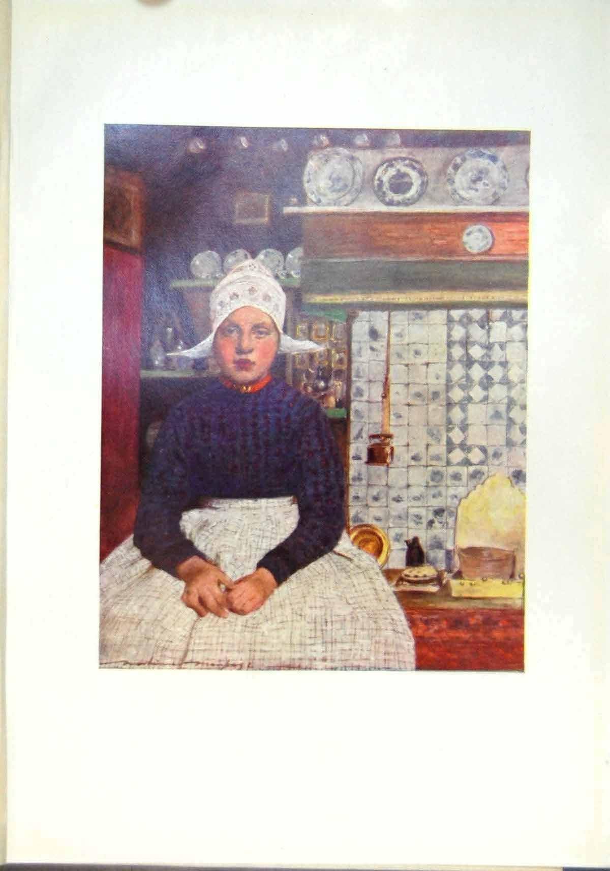 Original Old Antique Print Dutch Girl Cap Pottery Plates Volendam Holland