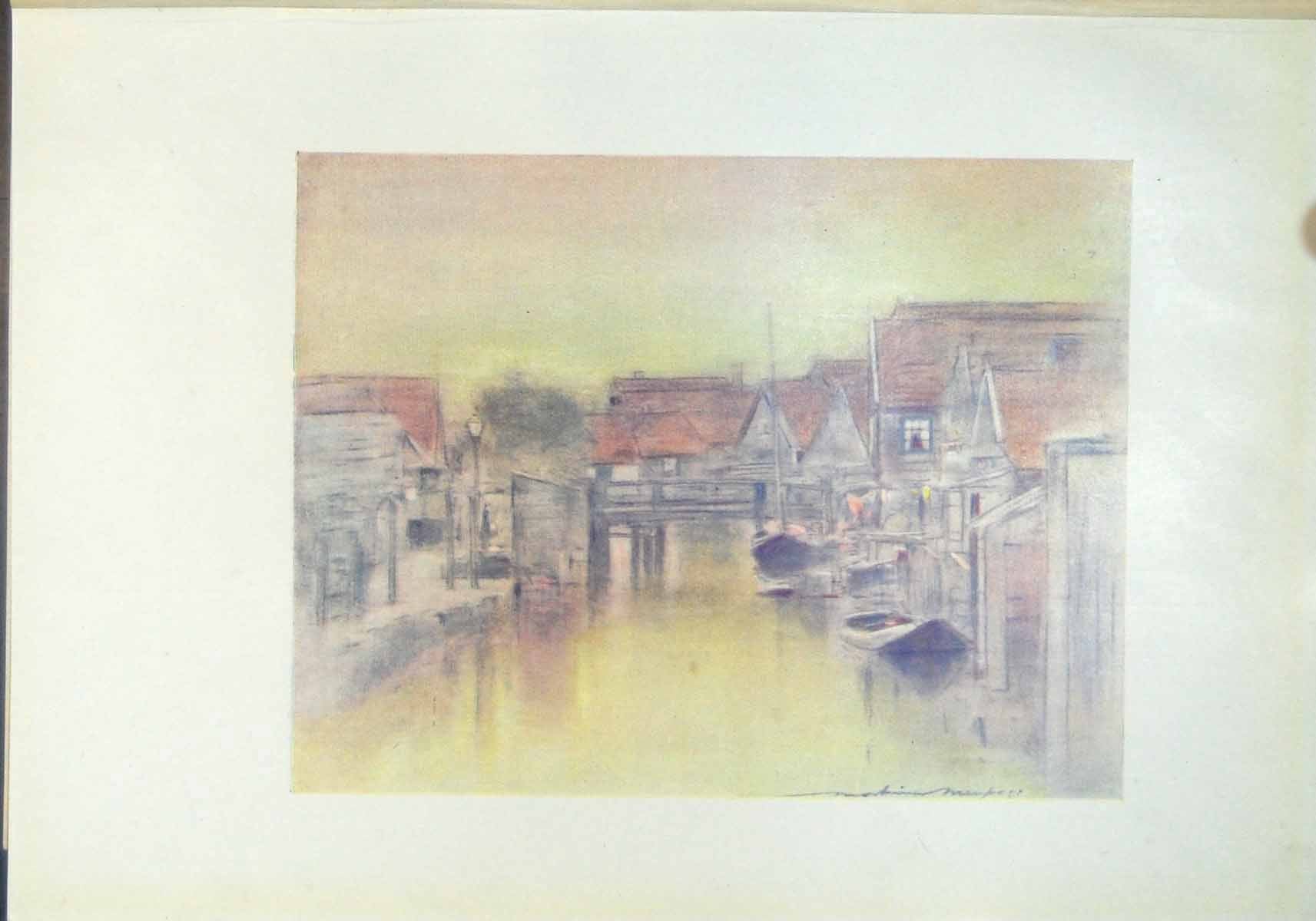 Original Old Antique Print Edam Holland Boats Canal