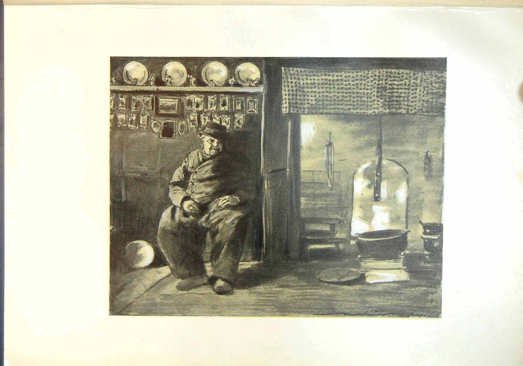 Antique Print Provincial Interior France Man Fireside Plates Pictures Wall