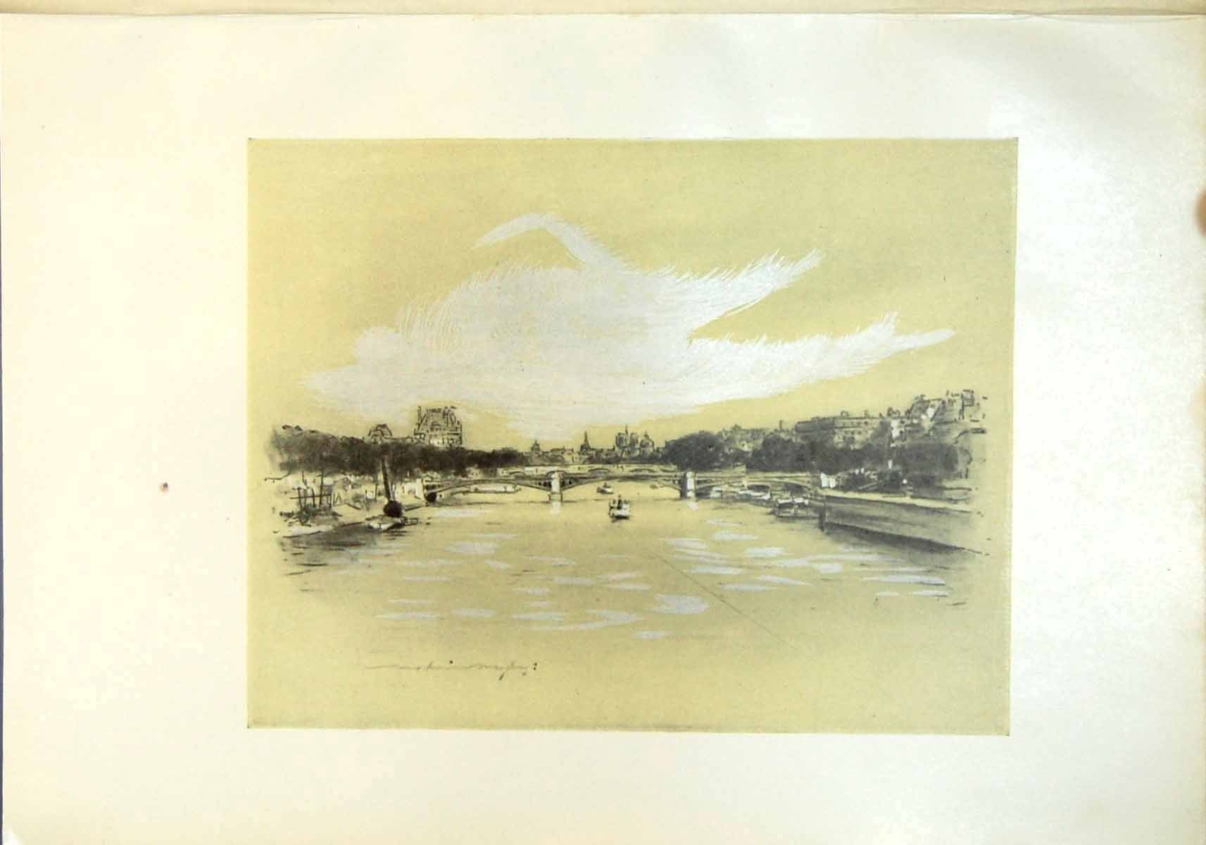 Original Old Antique Print Seine At Paris France